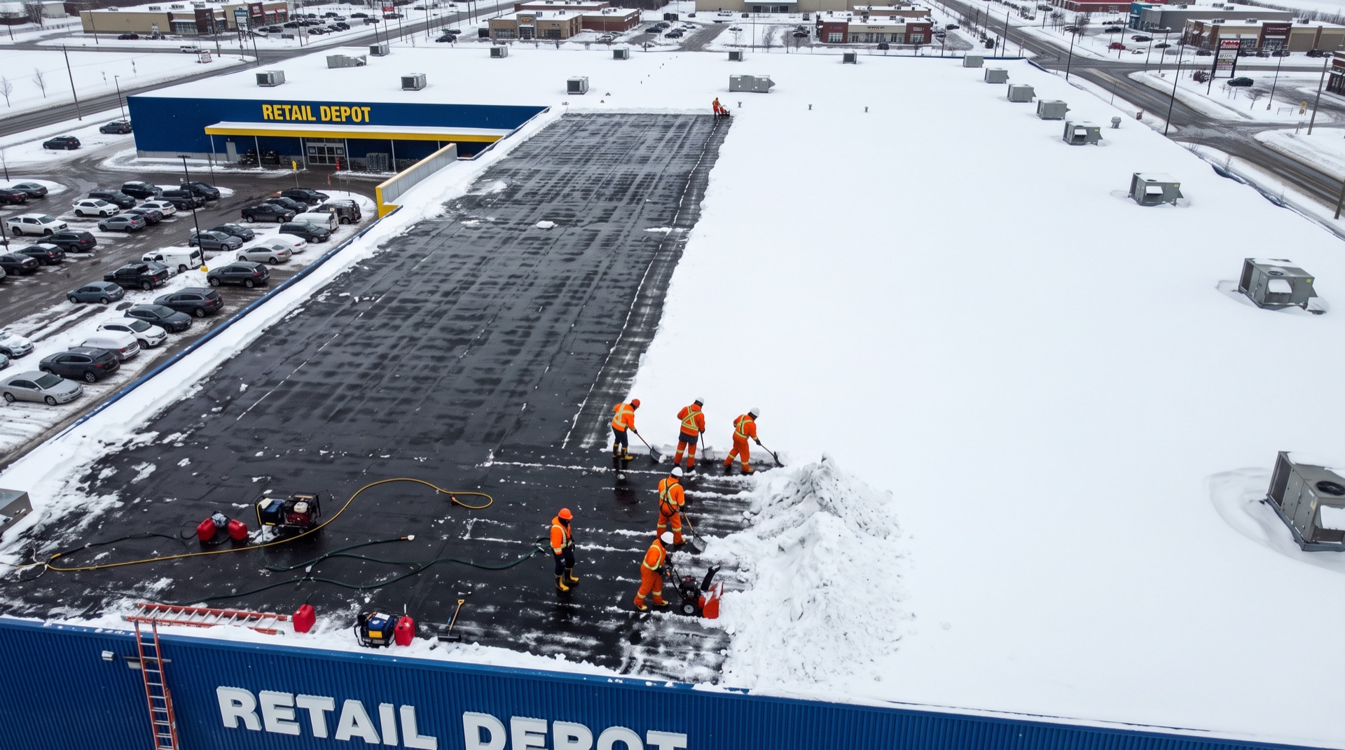 Workers in high-visibility gear clearing snow from a large retail store rooftop