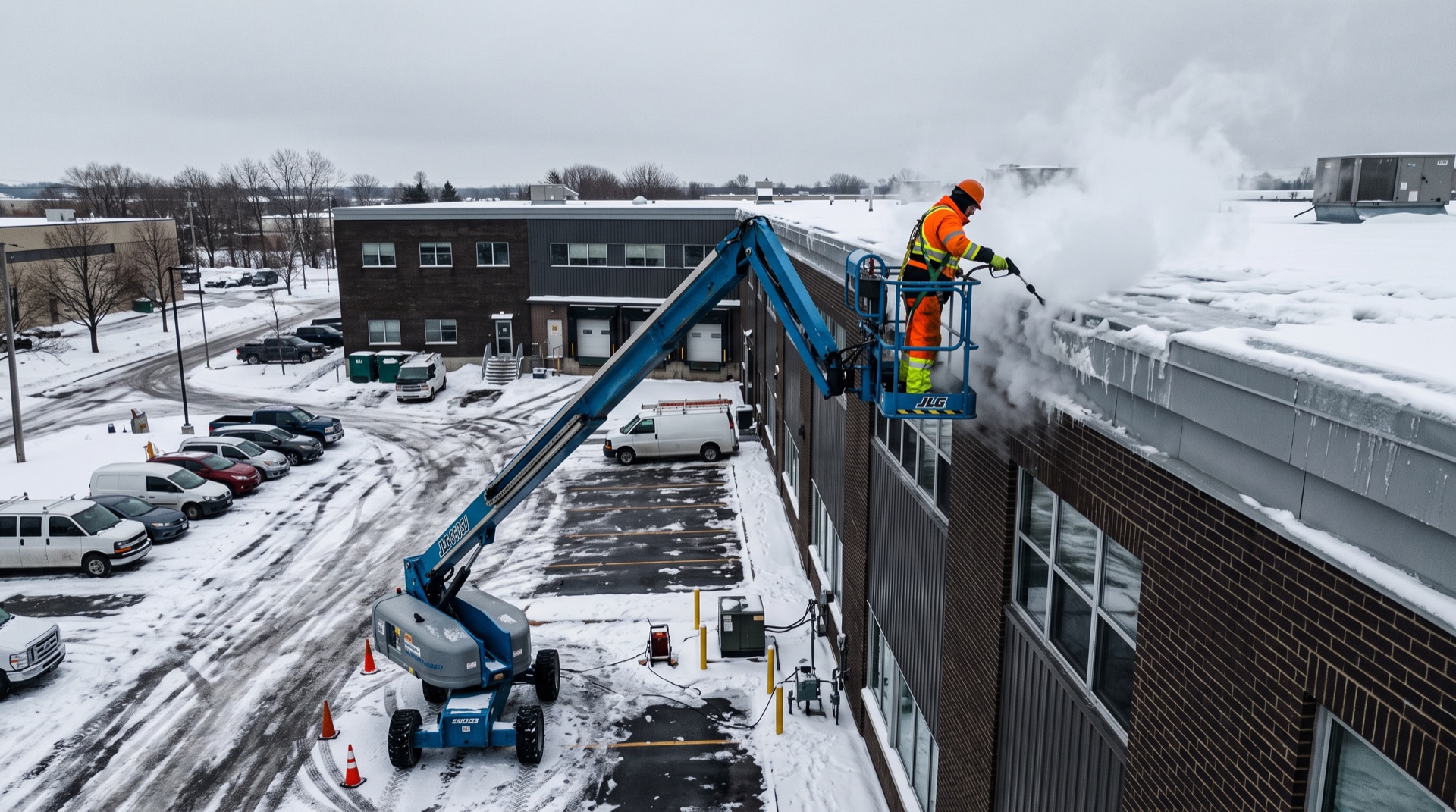 Worker in orange safety gear using boom lift to remove snow and ice from commercial building roof
