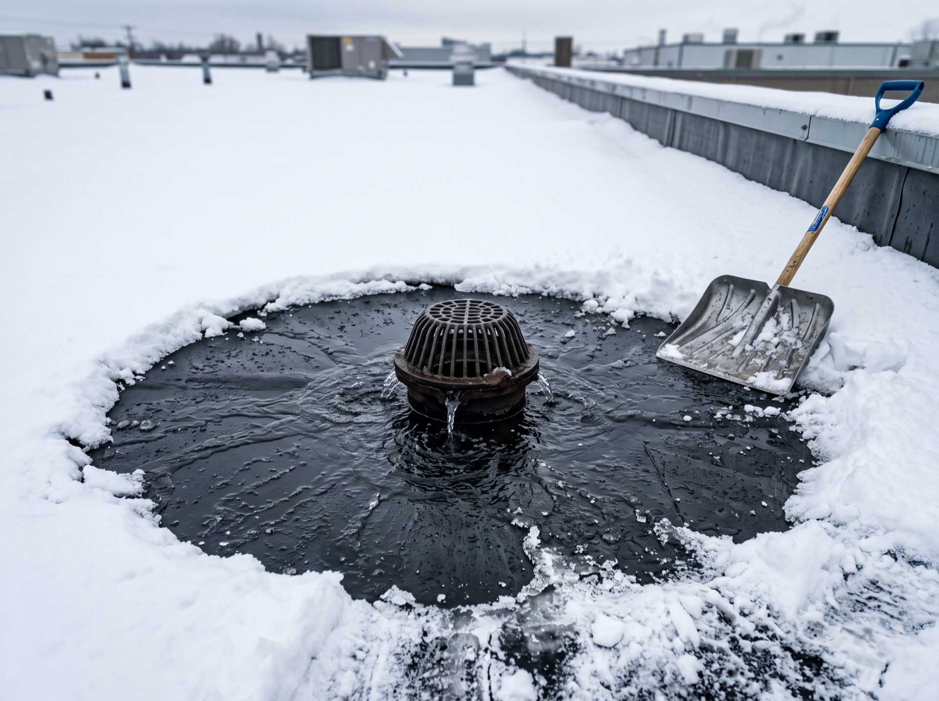 Cleared roof drain surrounded by melting snow on a flat commercial rooftop in winter