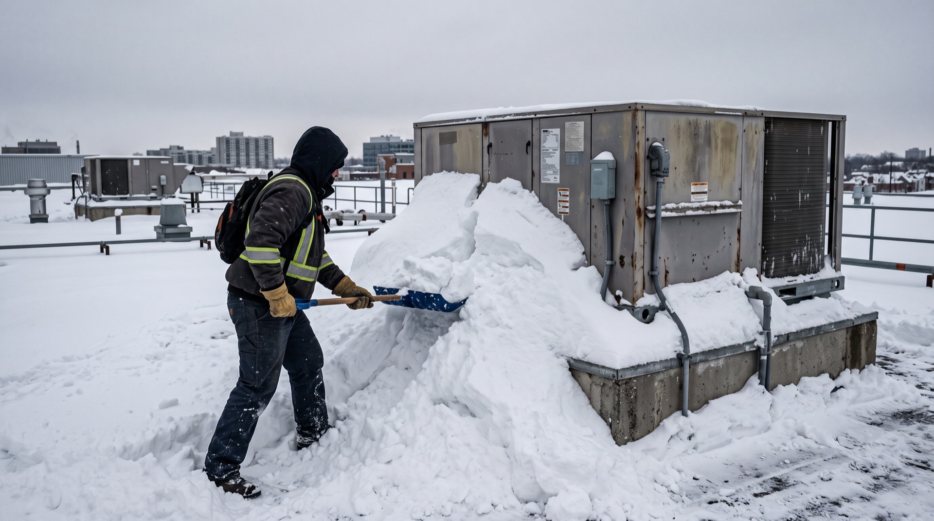 Worker in safety vest shoveling large snow drift from rooftop HVAC unit
