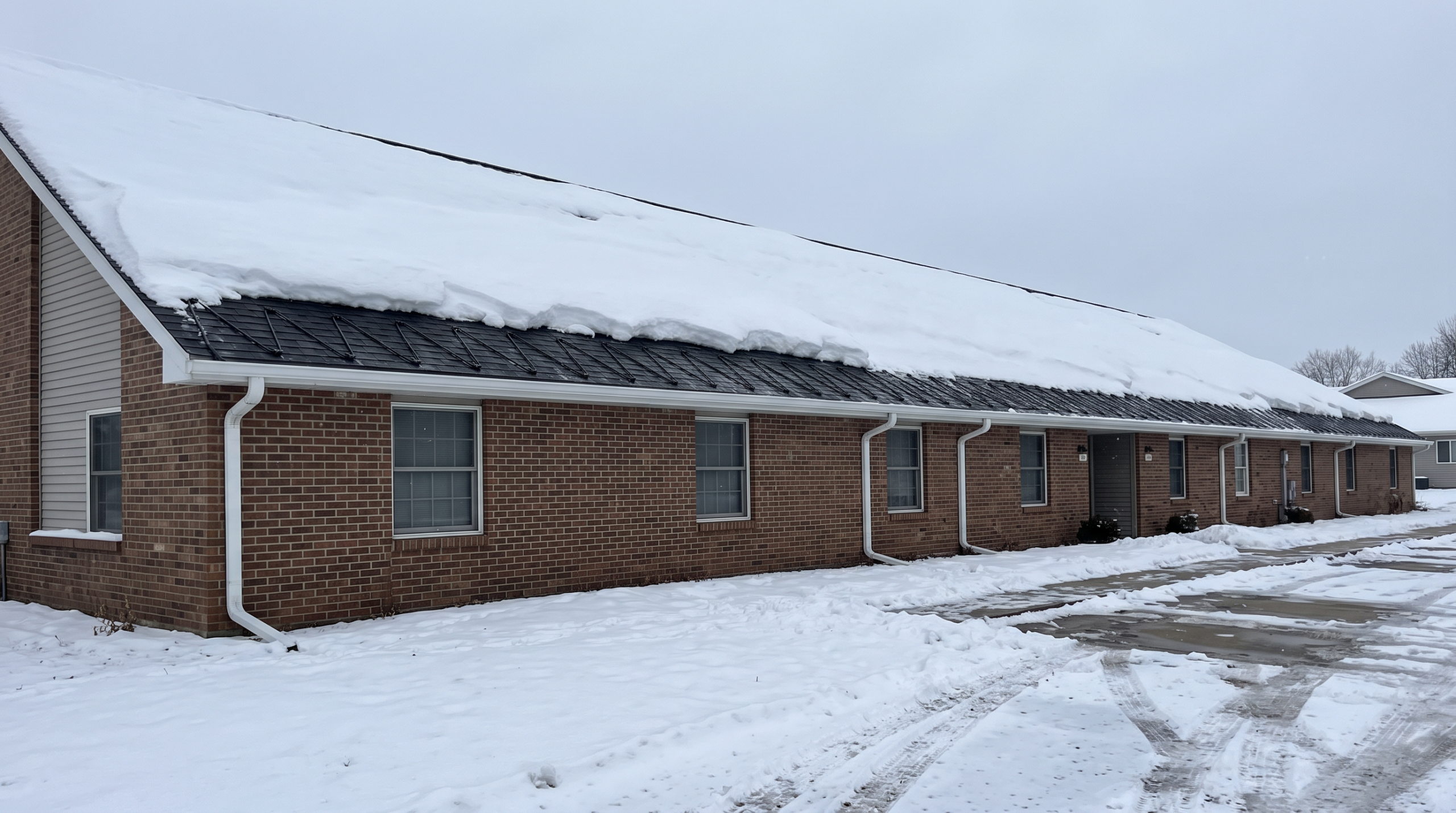 Brick apartment block with snow on roof and ice-dam-free eaves in winter