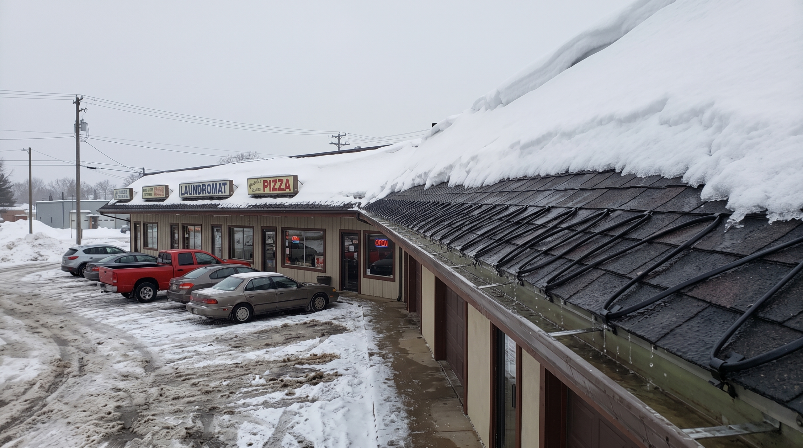 Heavy snow and ice dam buildup on commercial strip mall roofline in winter