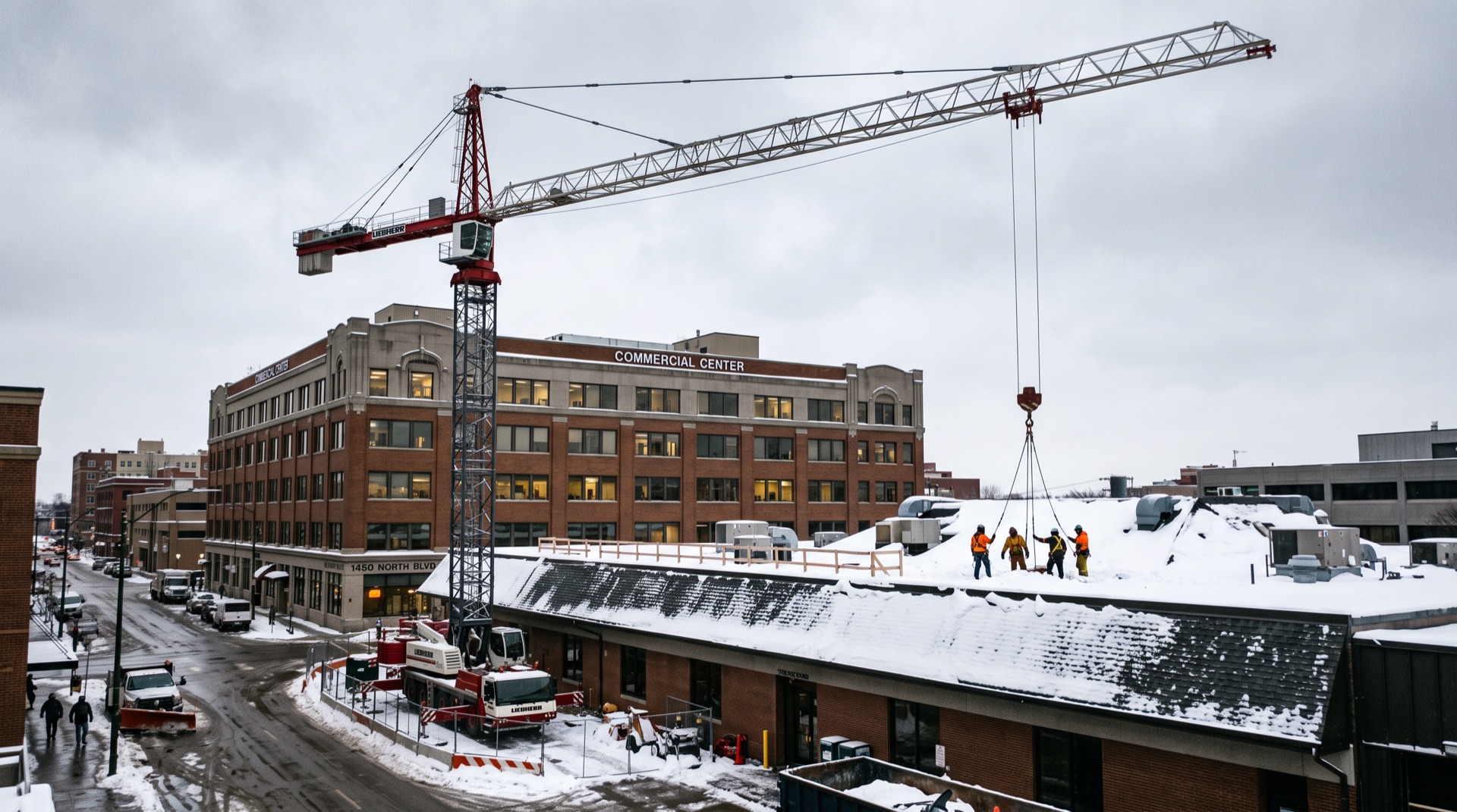 Liebherr tower crane boom extended over snow-covered building roof with workers below