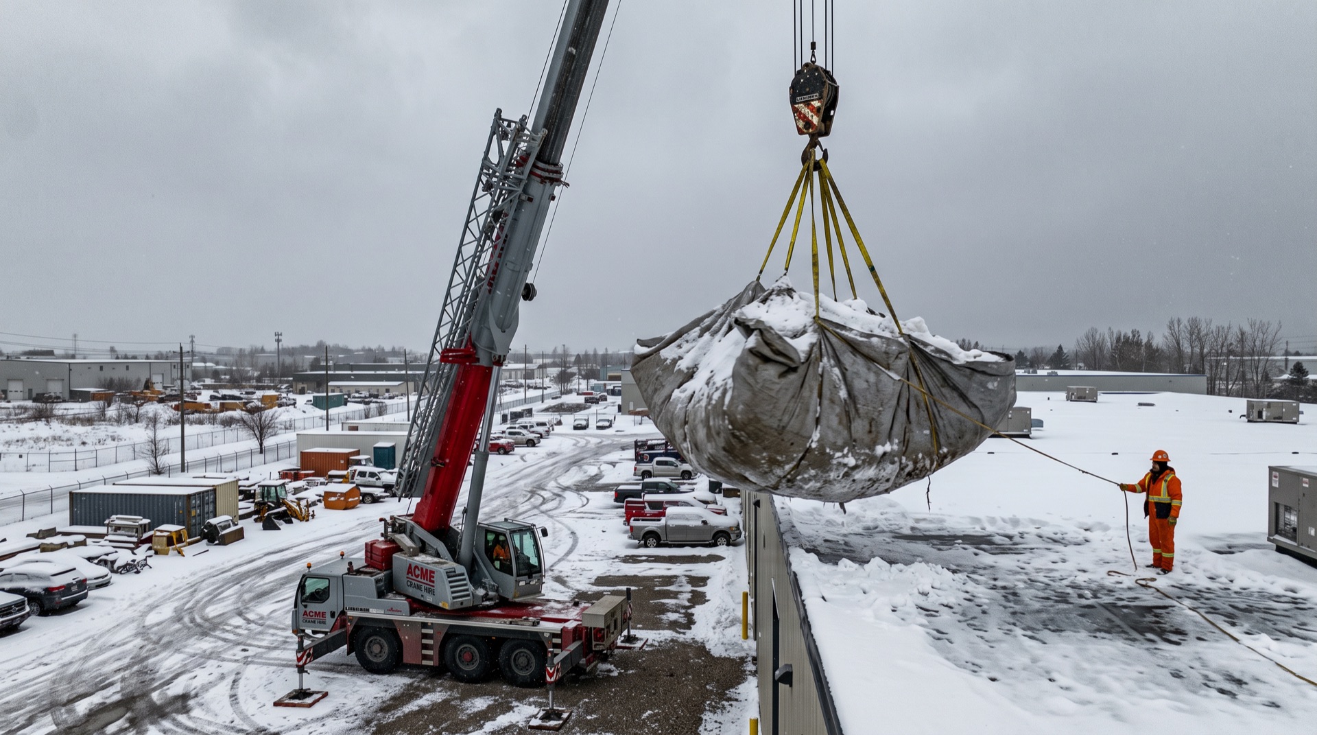 ACME crane lifting snow-covered tarp off commercial building roof in winter