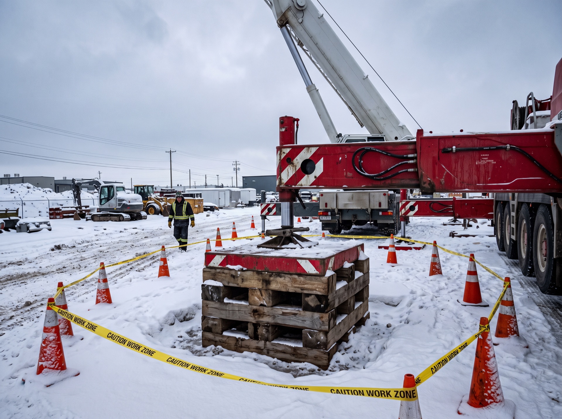 crane outrigger pad set on wood cribbing in snowy work zone