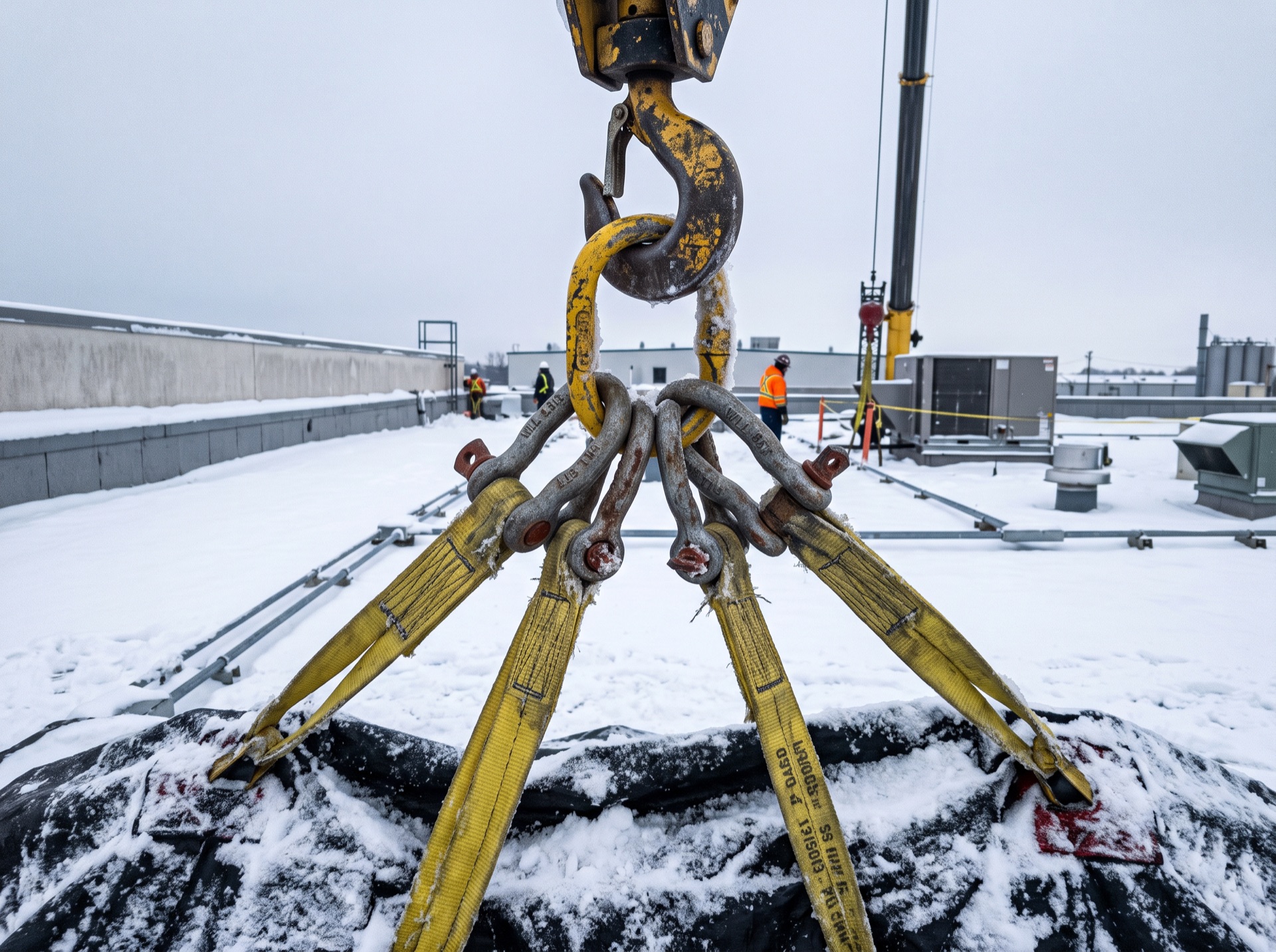 Crane hook with yellow lifting straps and shackles attached to snow-covered tarp on rooftop