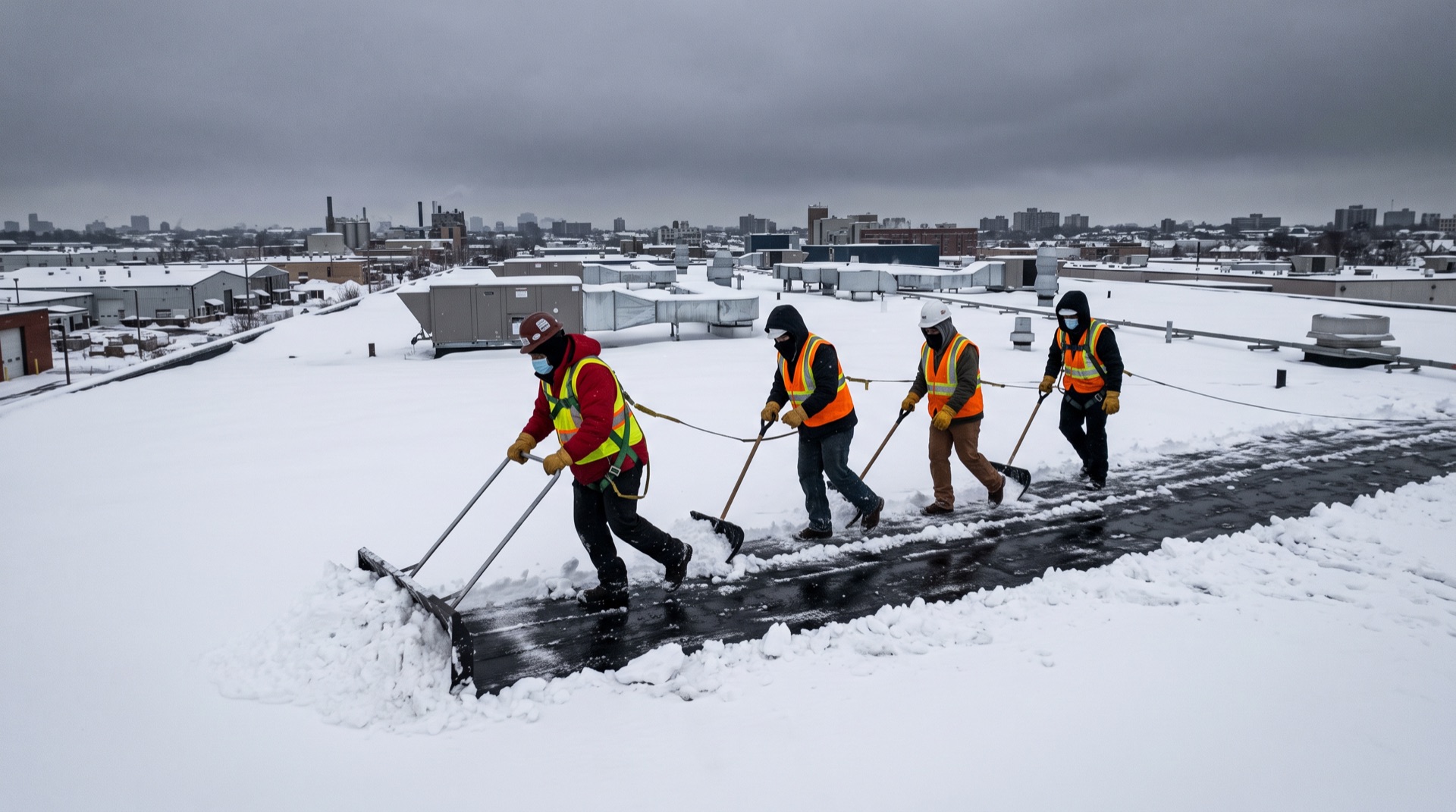 Four workers in safety vests clearing snow from a flat commercial rooftop