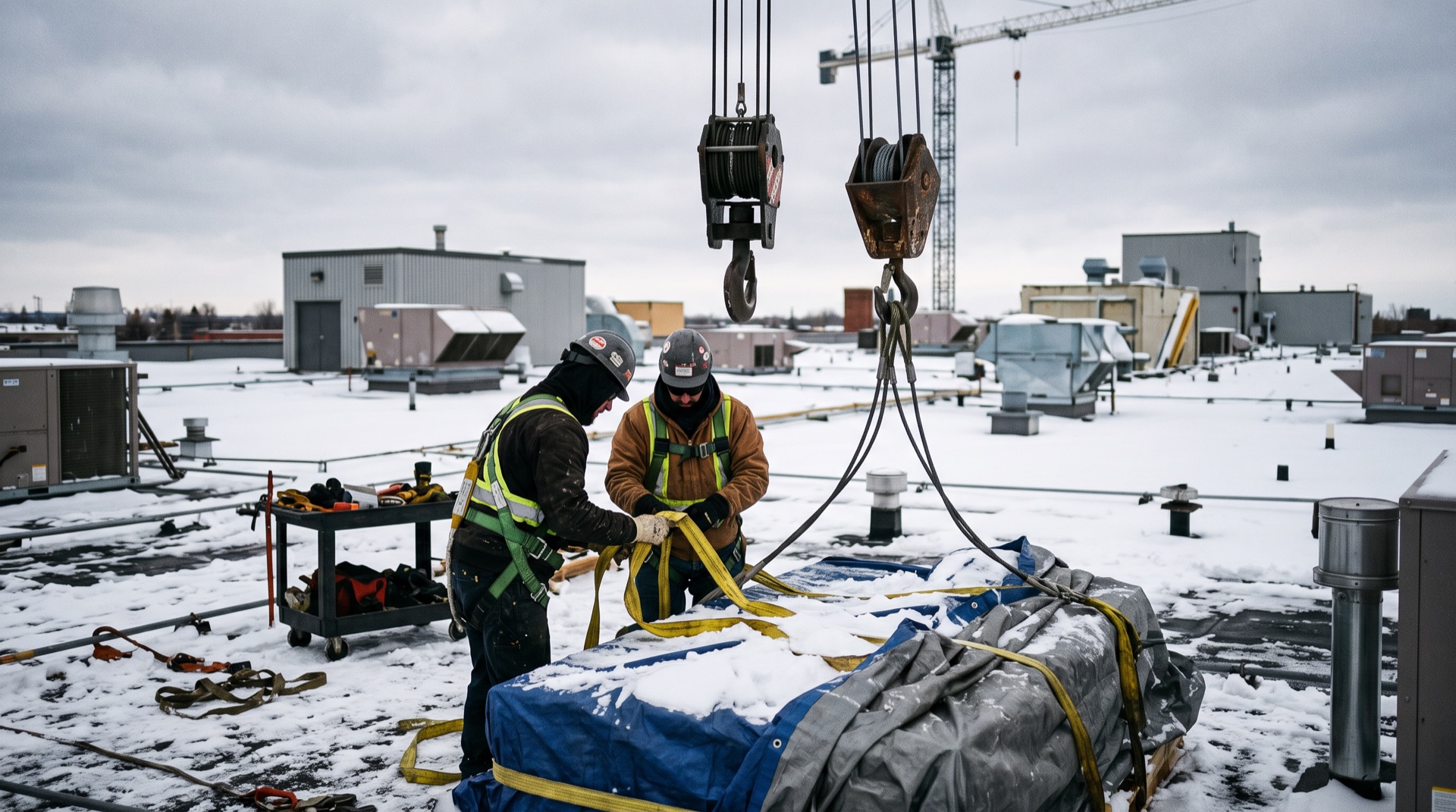 Two workers in hard hats rigging yellow lifting straps on snow-covered rooftop