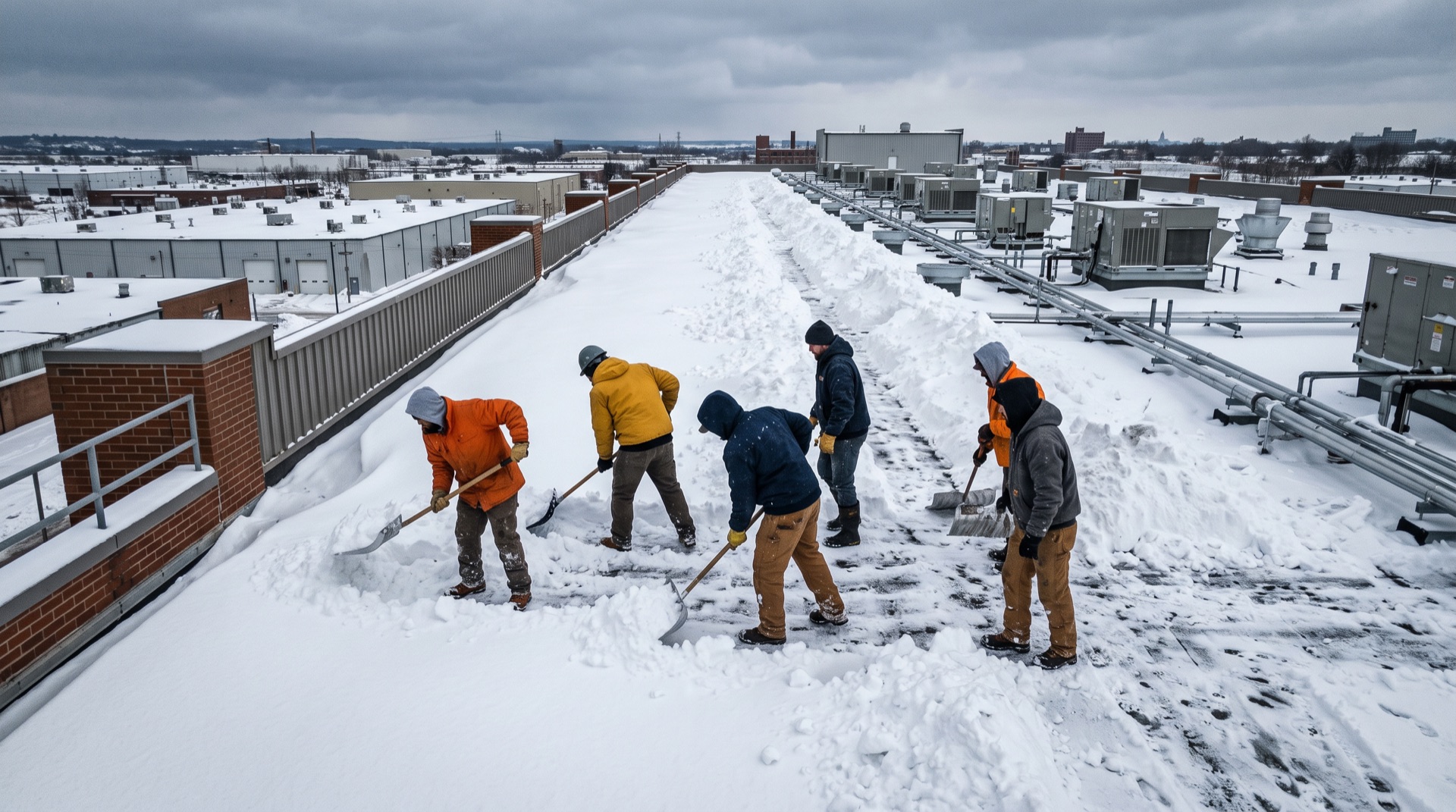 Five workers shoveling heavy snow off a large commercial flat roof
