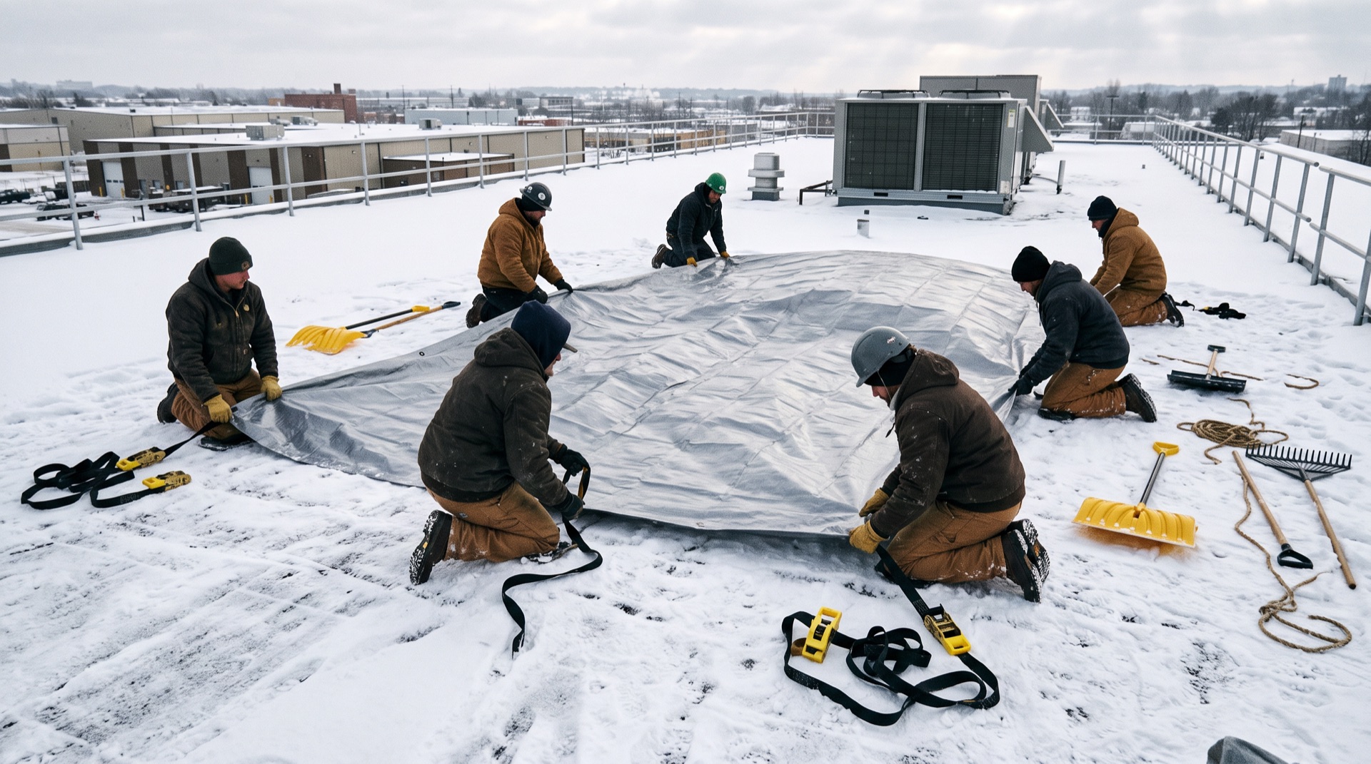 Six workers spreading a silver tarp across a snow-covered commercial rooftop