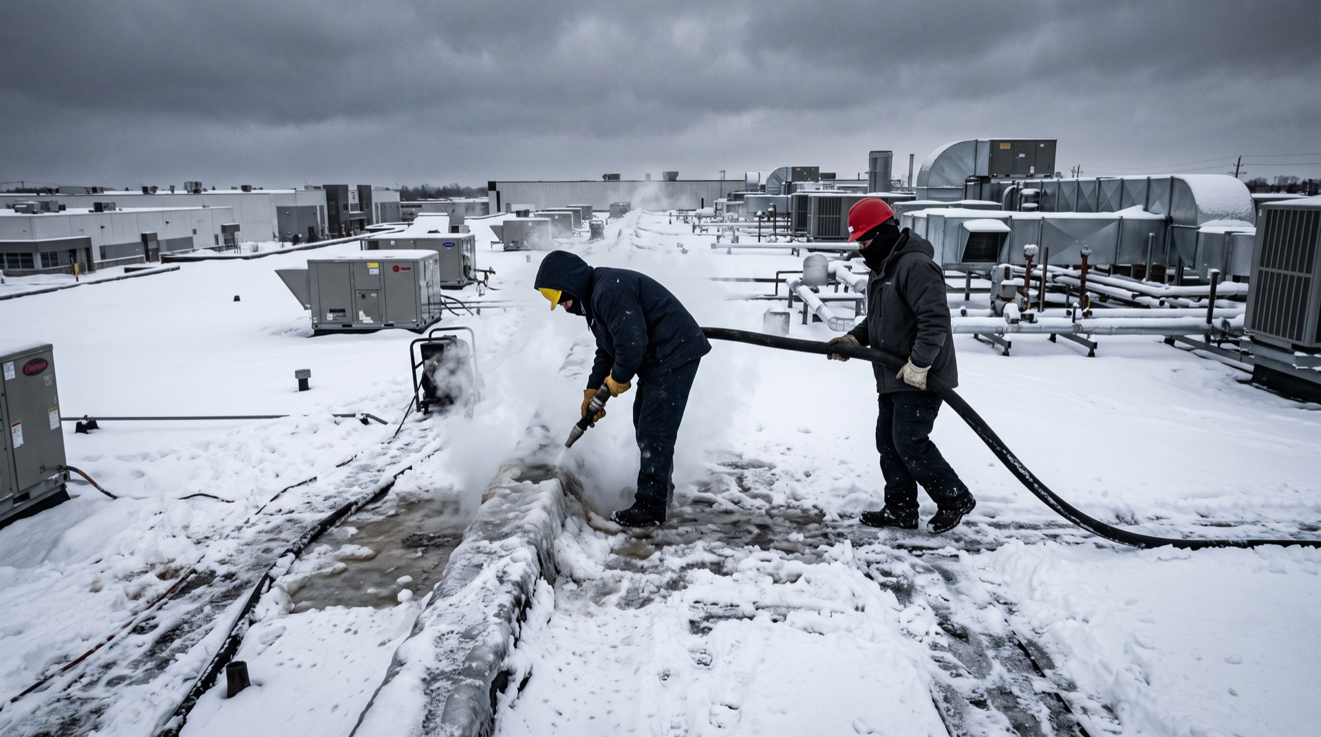 Two workers using steam equipment to clear ice from a snow-covered commercial flat roof