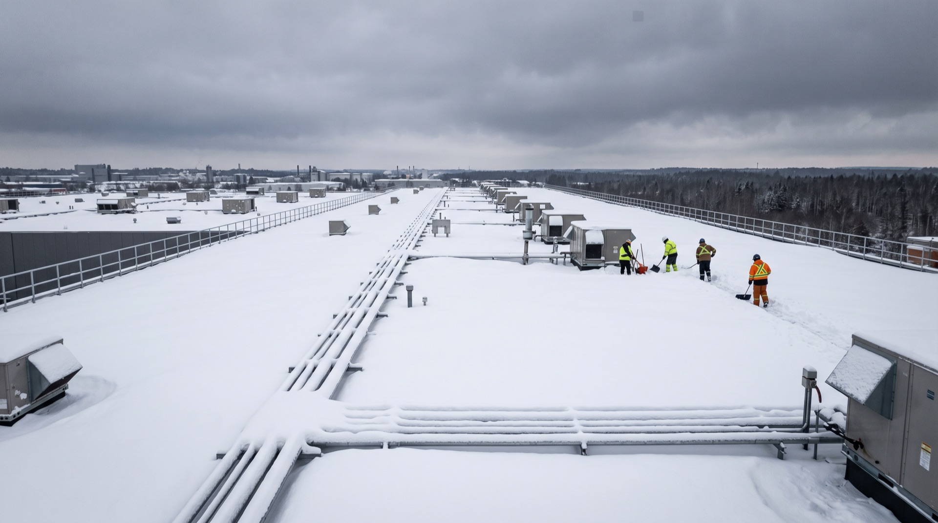 Workers shoveling heavy snow off a large flat commercial roof in winter