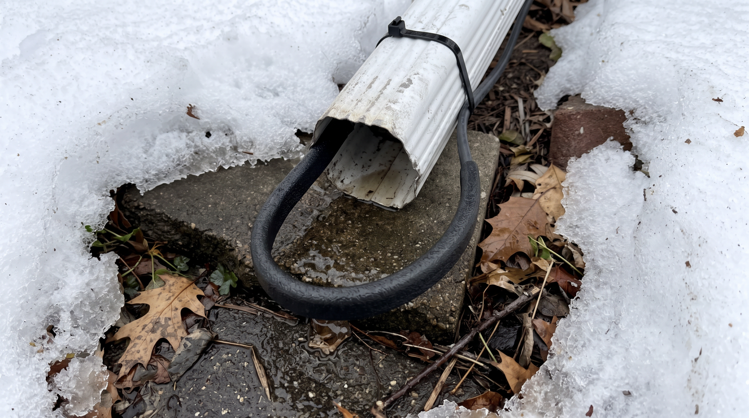 Heated cable loop preventing downspout from freezing in winter snow