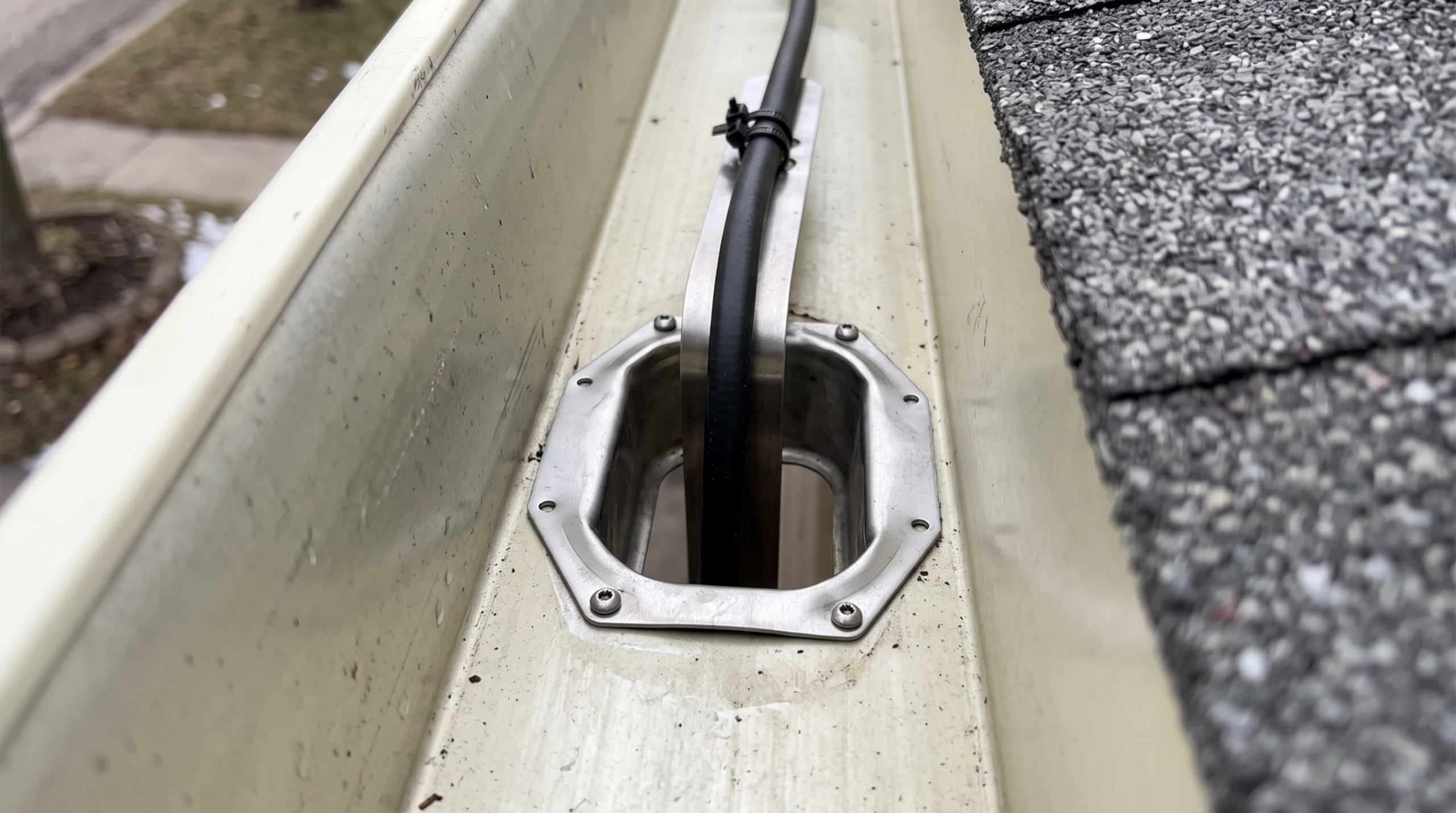 Black cable passing through stainless steel strain relief fitting mounted in gutter