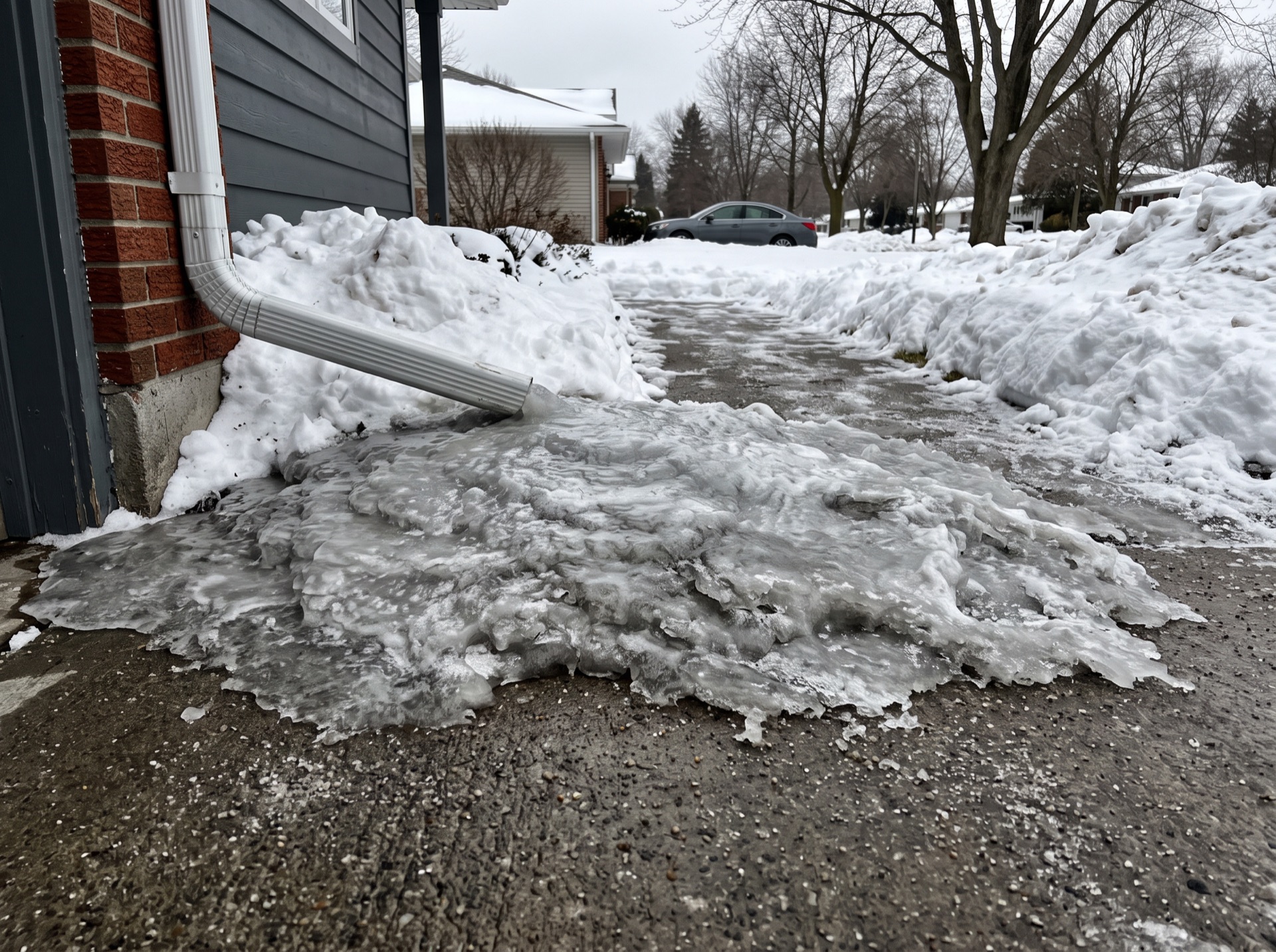 Downspout draining onto icy driveway creating large mound of slushy ice
