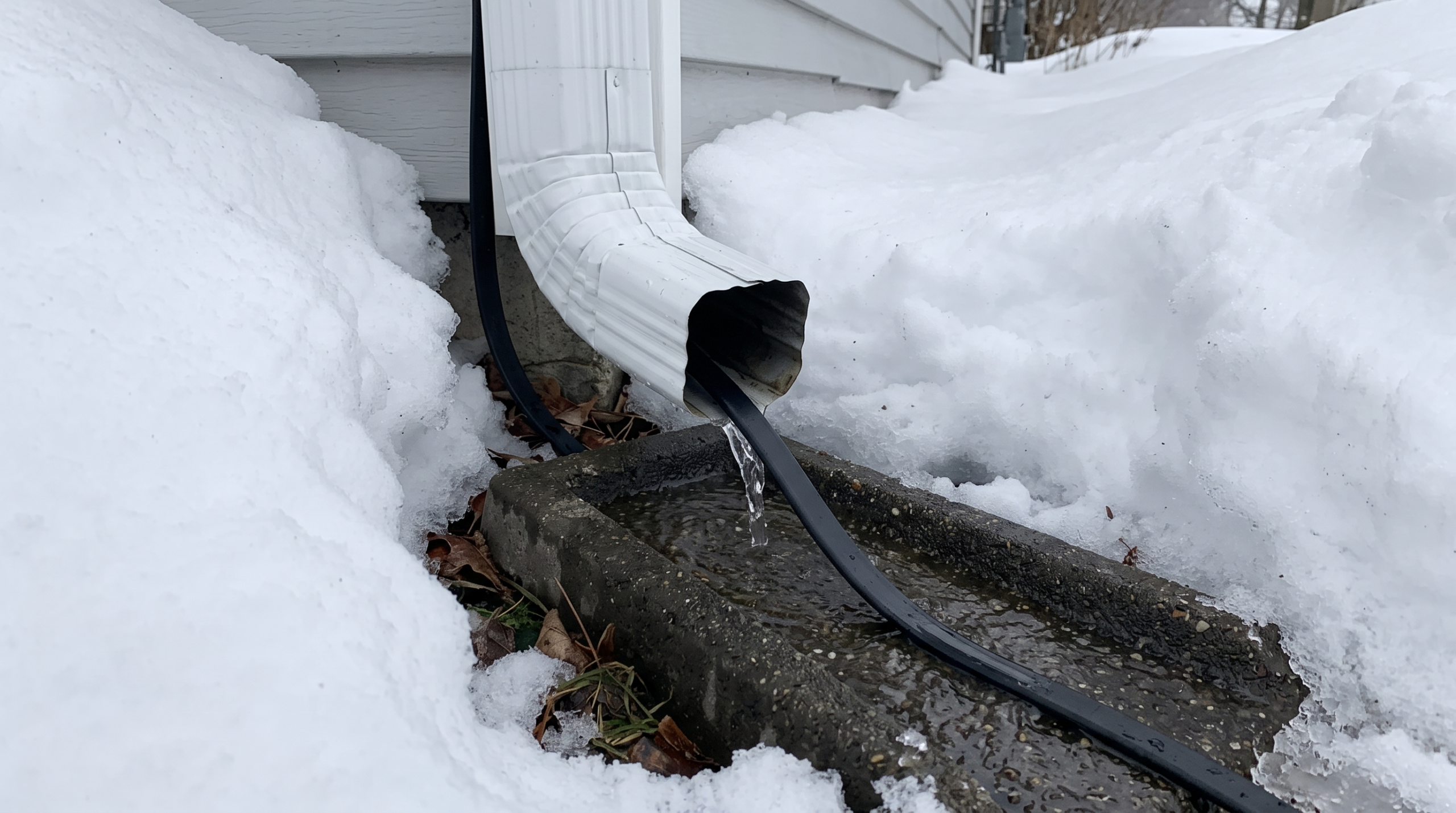 White downspout outlet draining water with heat cable in deep snow