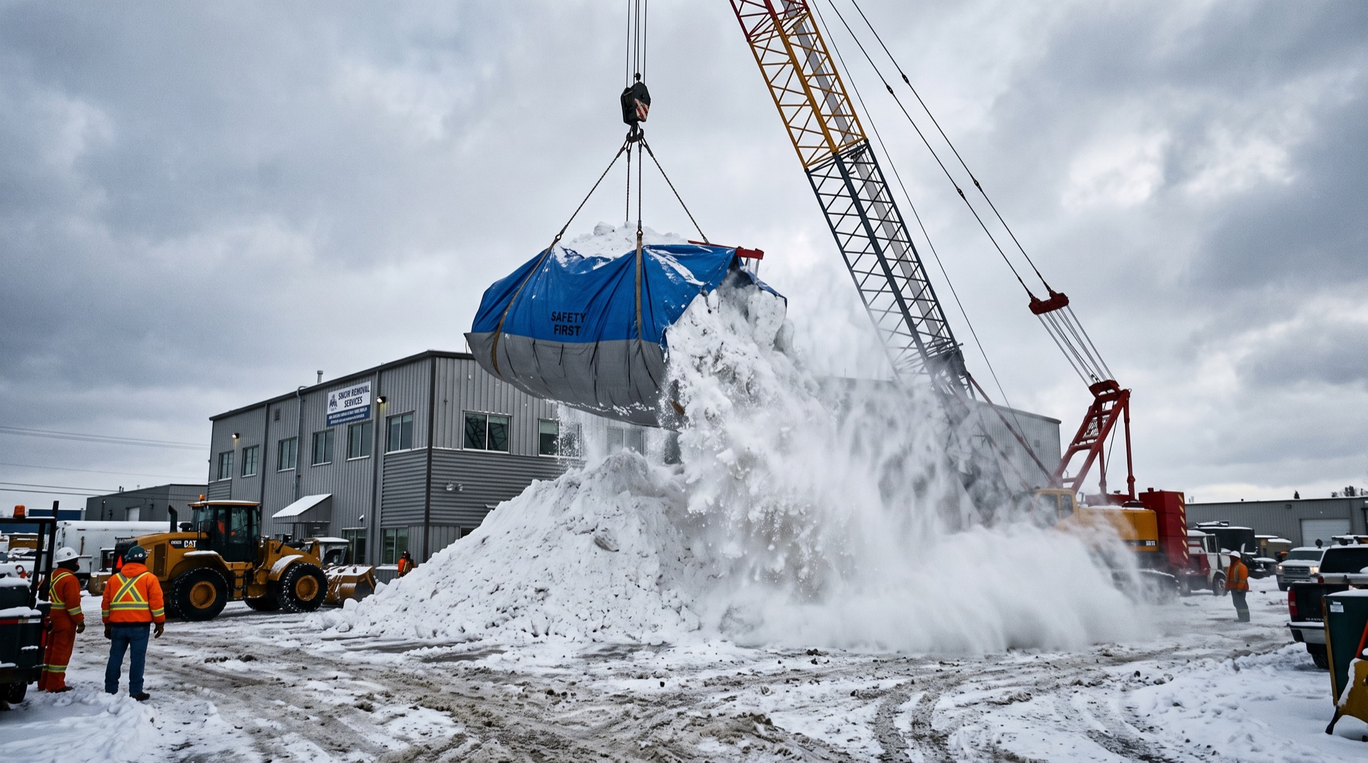 crane lifting blue tarp dumping massive snow load onto ground at industrial site
