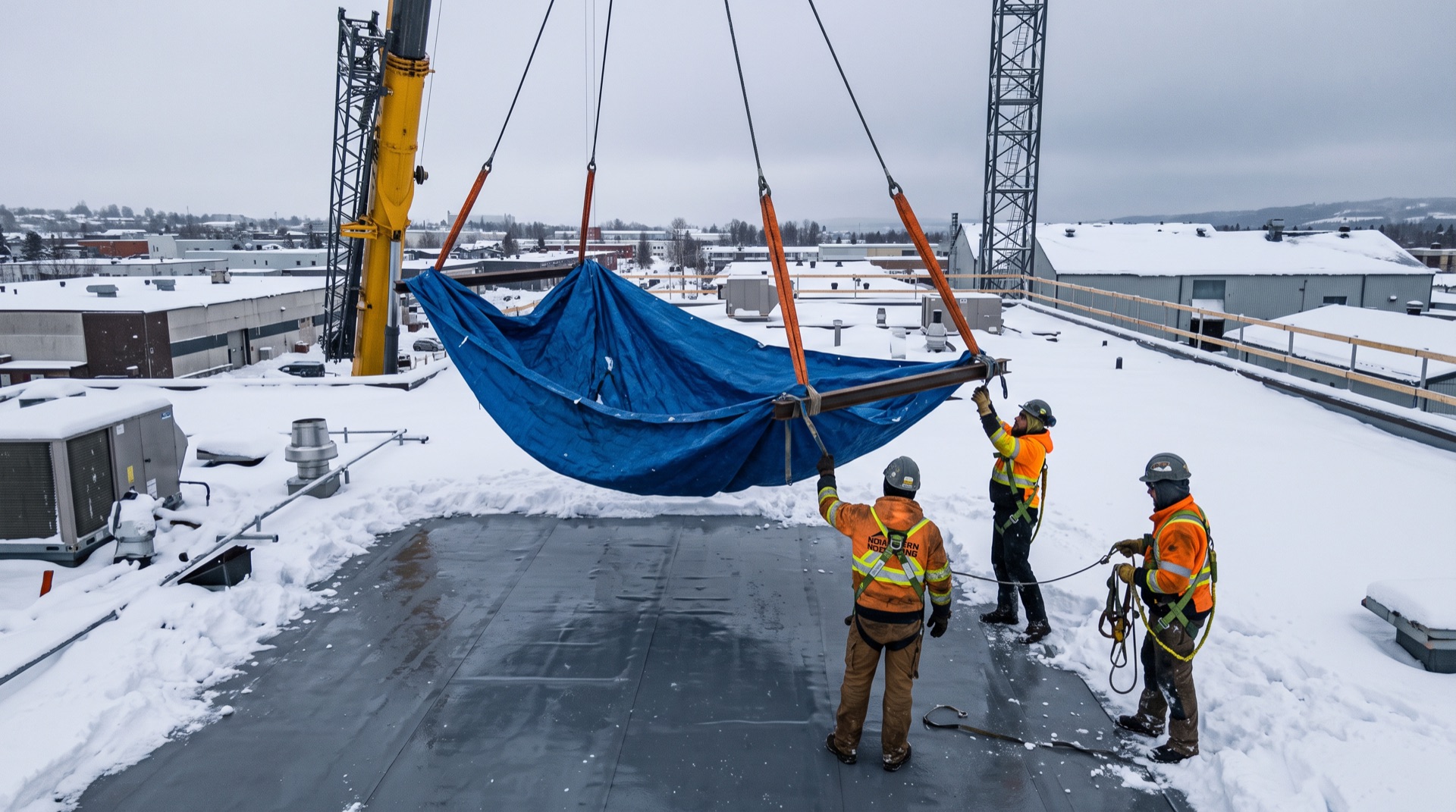 Three construction workers on snowy rooftop guiding empty blue tarp lowered by crane