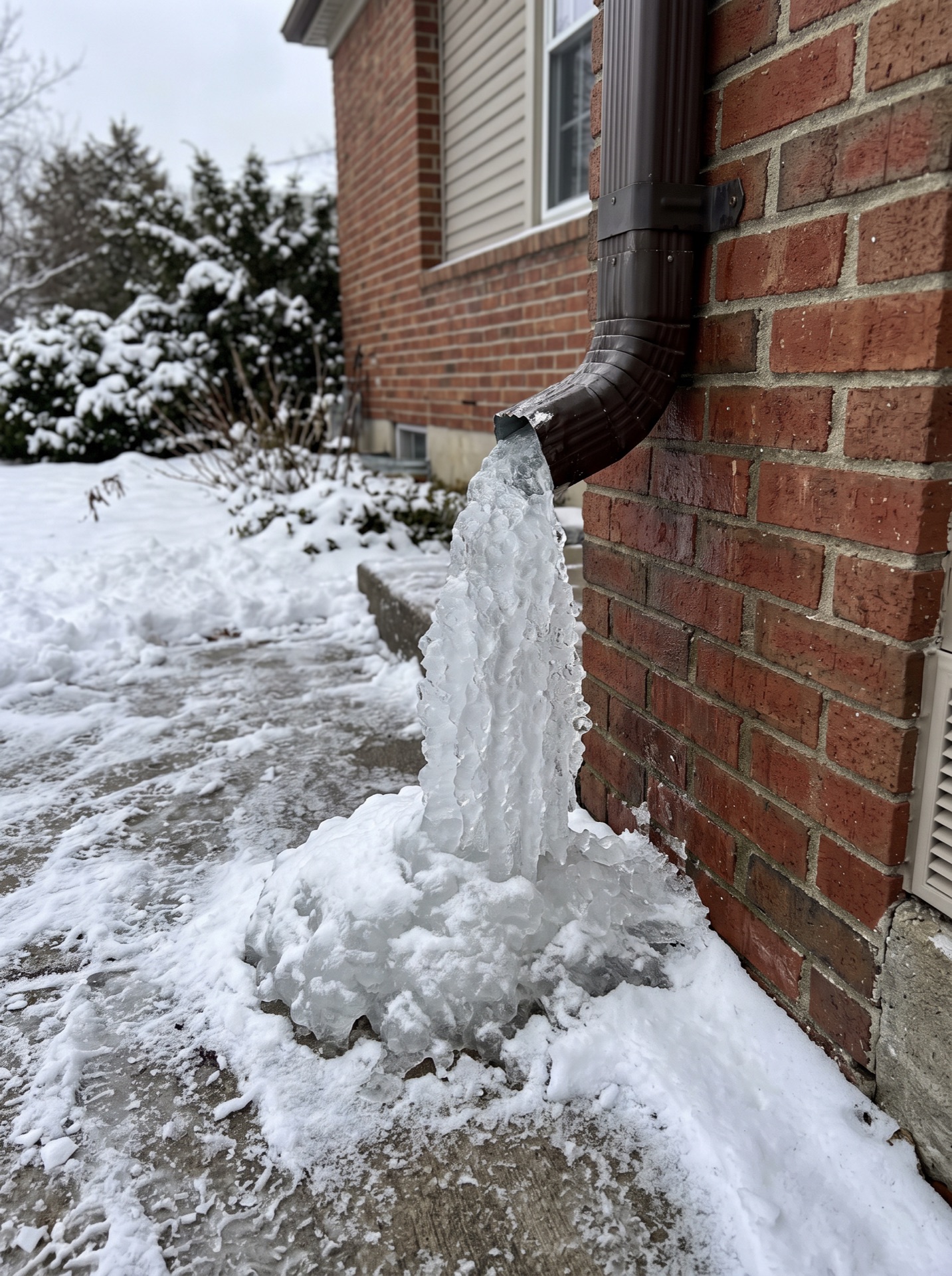 Large ice column frozen from downspout elbow onto snowy sidewalk beside brick house