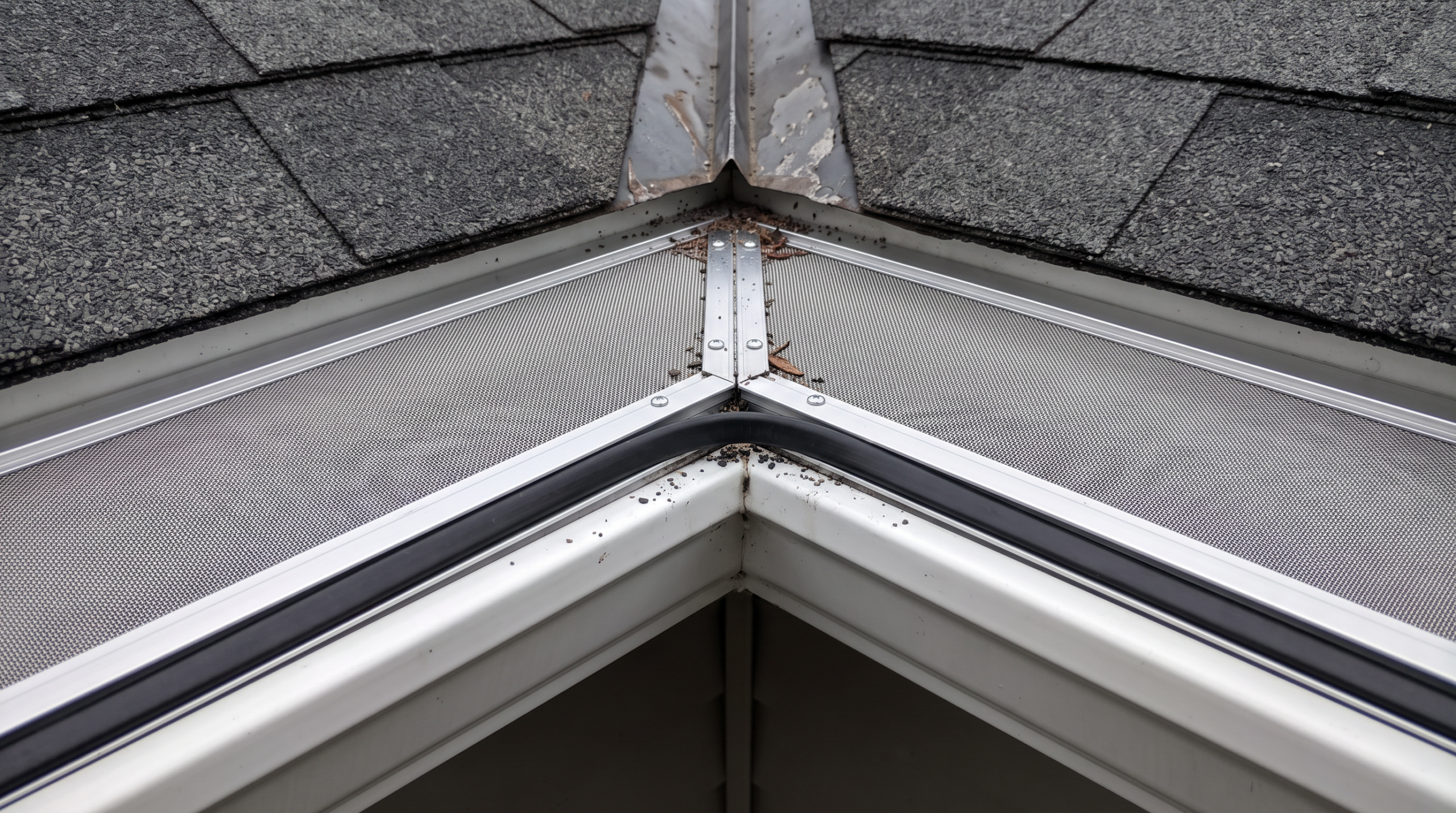 Gutter guard mesh covering an inside corner join on a shingled roof
