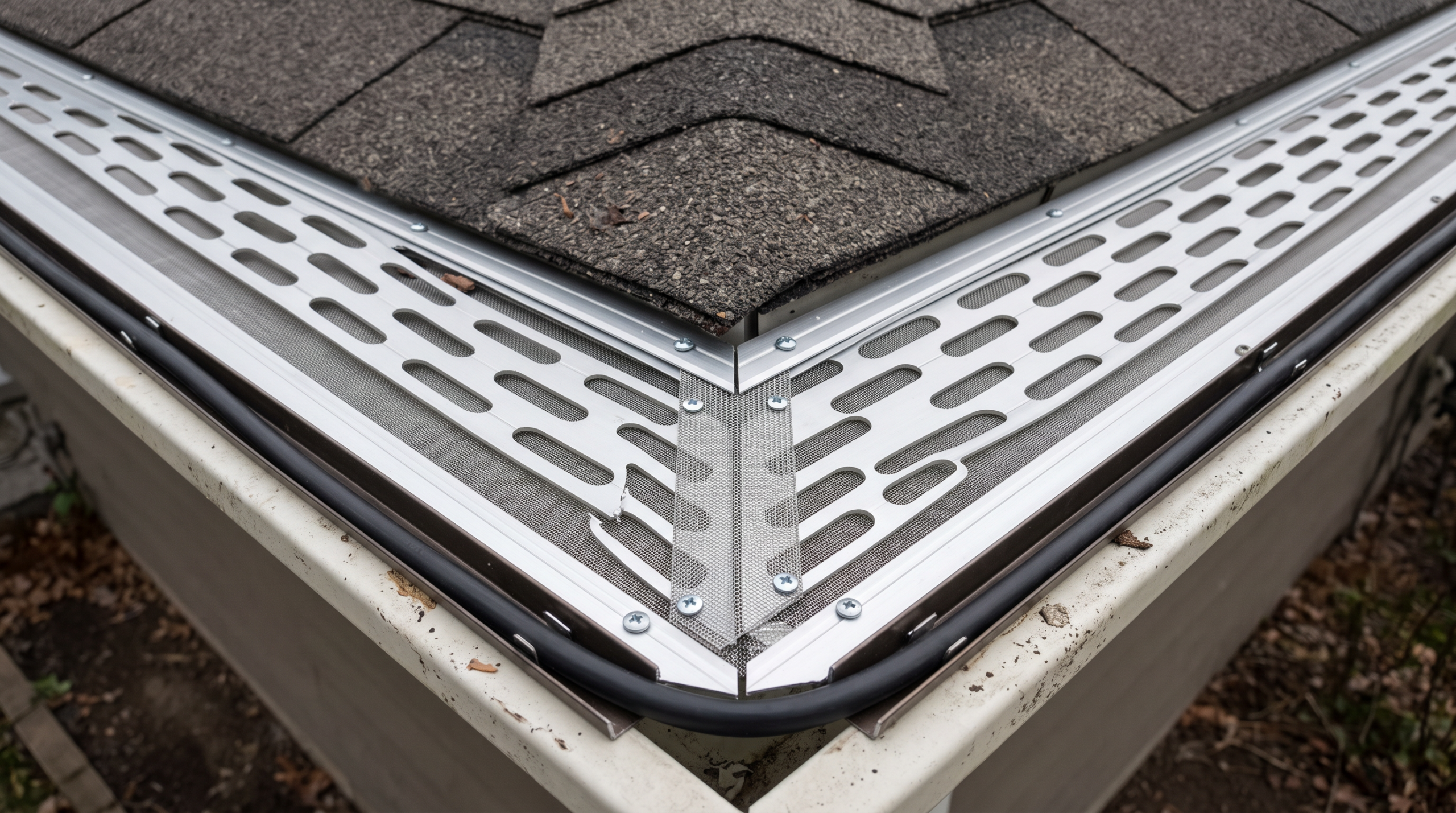 Gutter guard mesh cover installed at an outside corner join on a residential roof