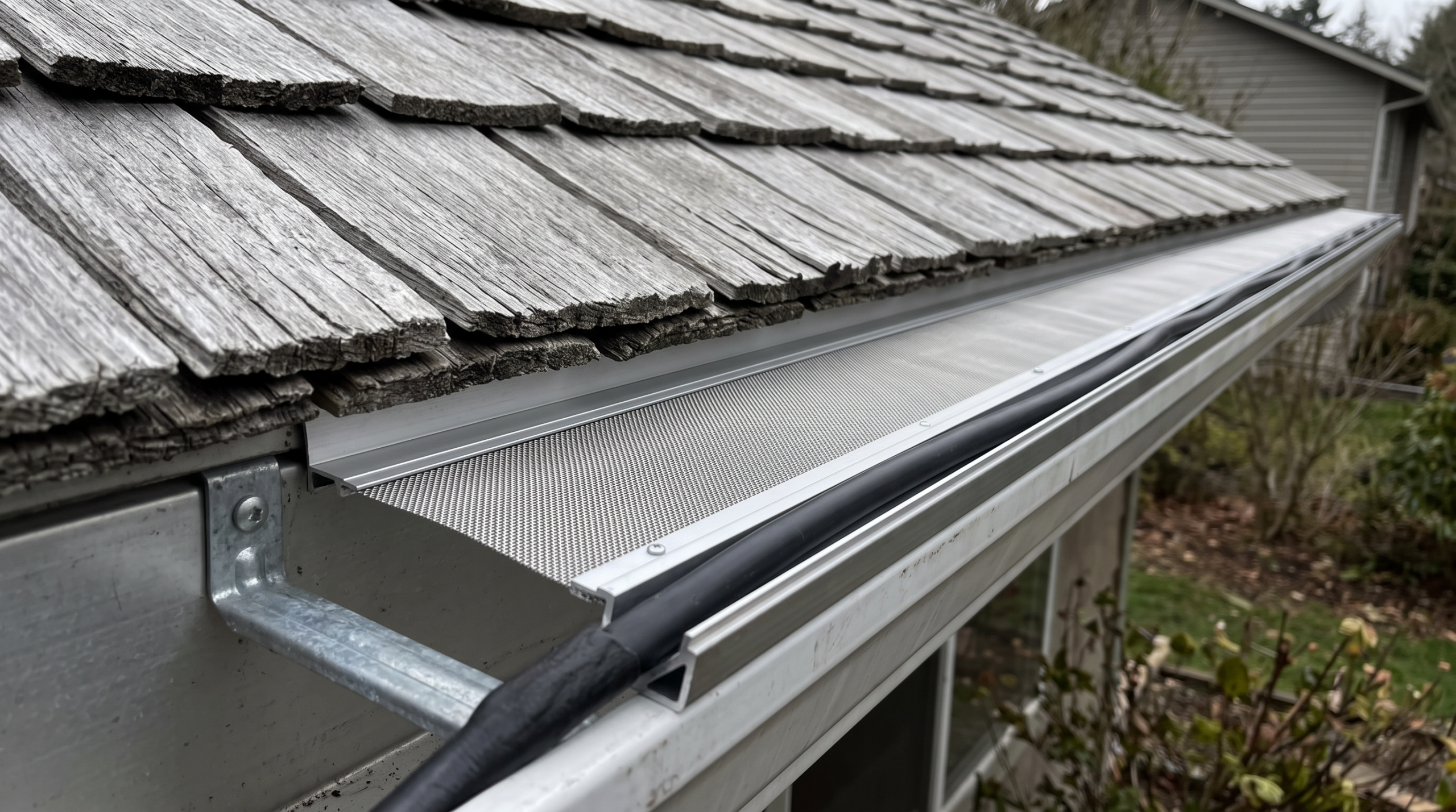 Micro-mesh gutter guard installed on cedar shake roof eave with downspout
