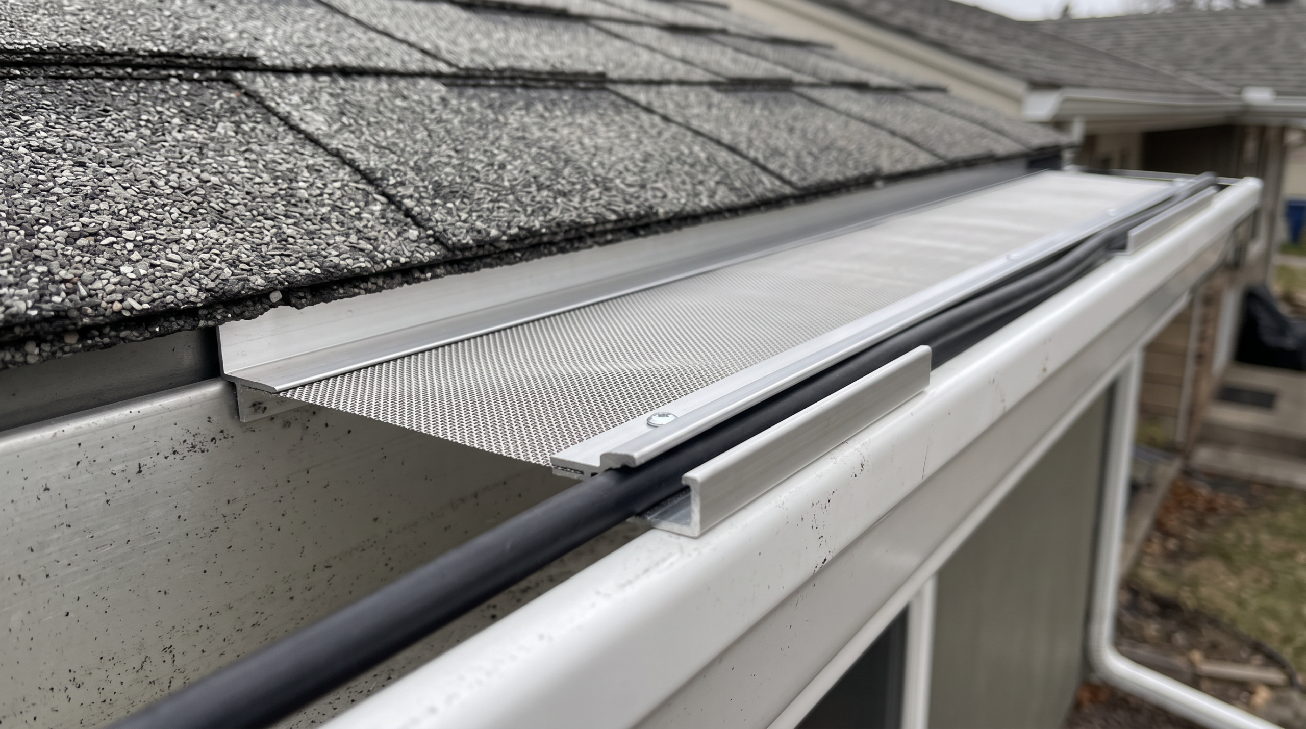 Micro-mesh gutter guard with integrated heat cable channel installed on white gutter
