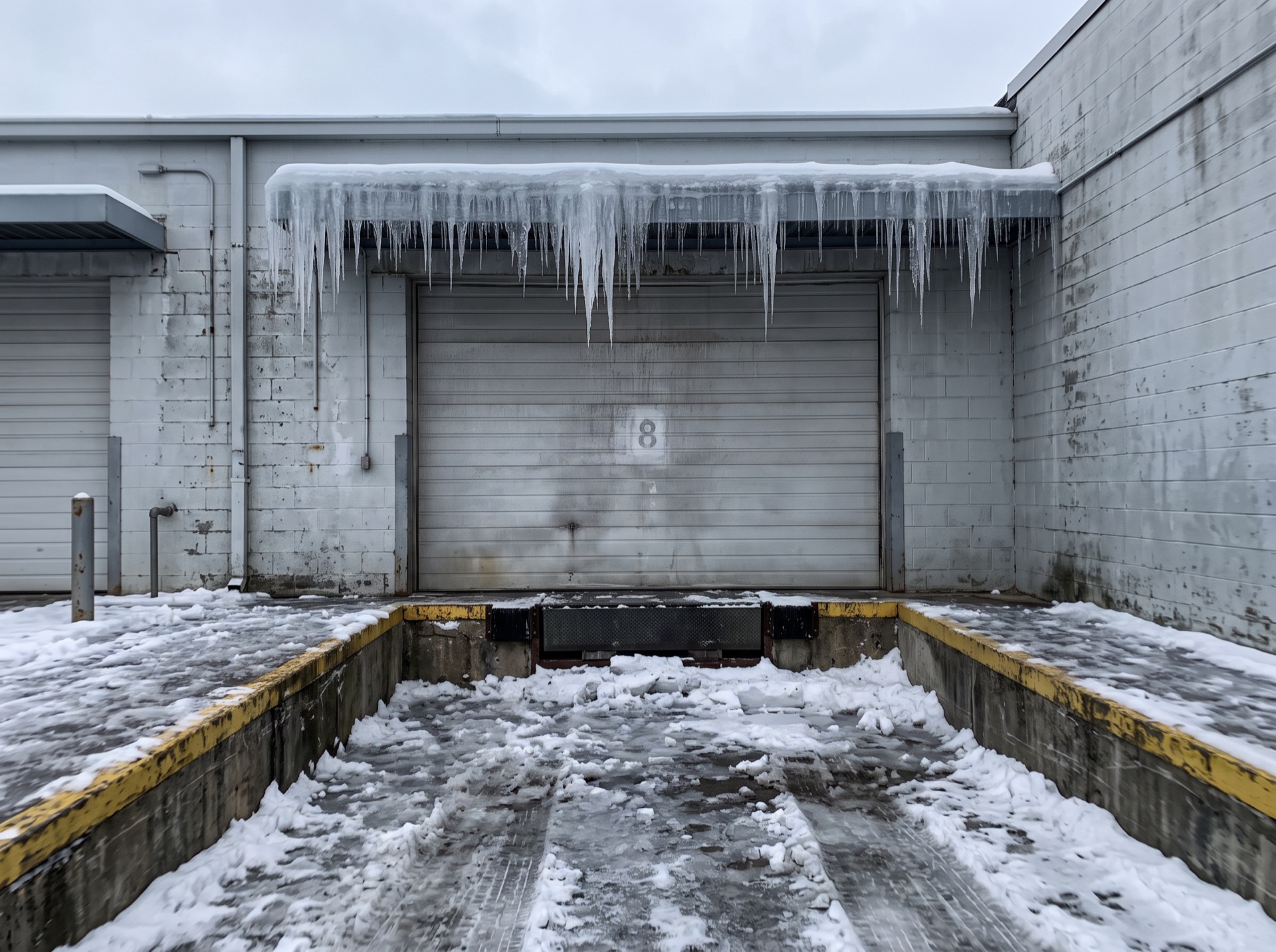 Large icicles hanging over warehouse loading dock number 8 in winter