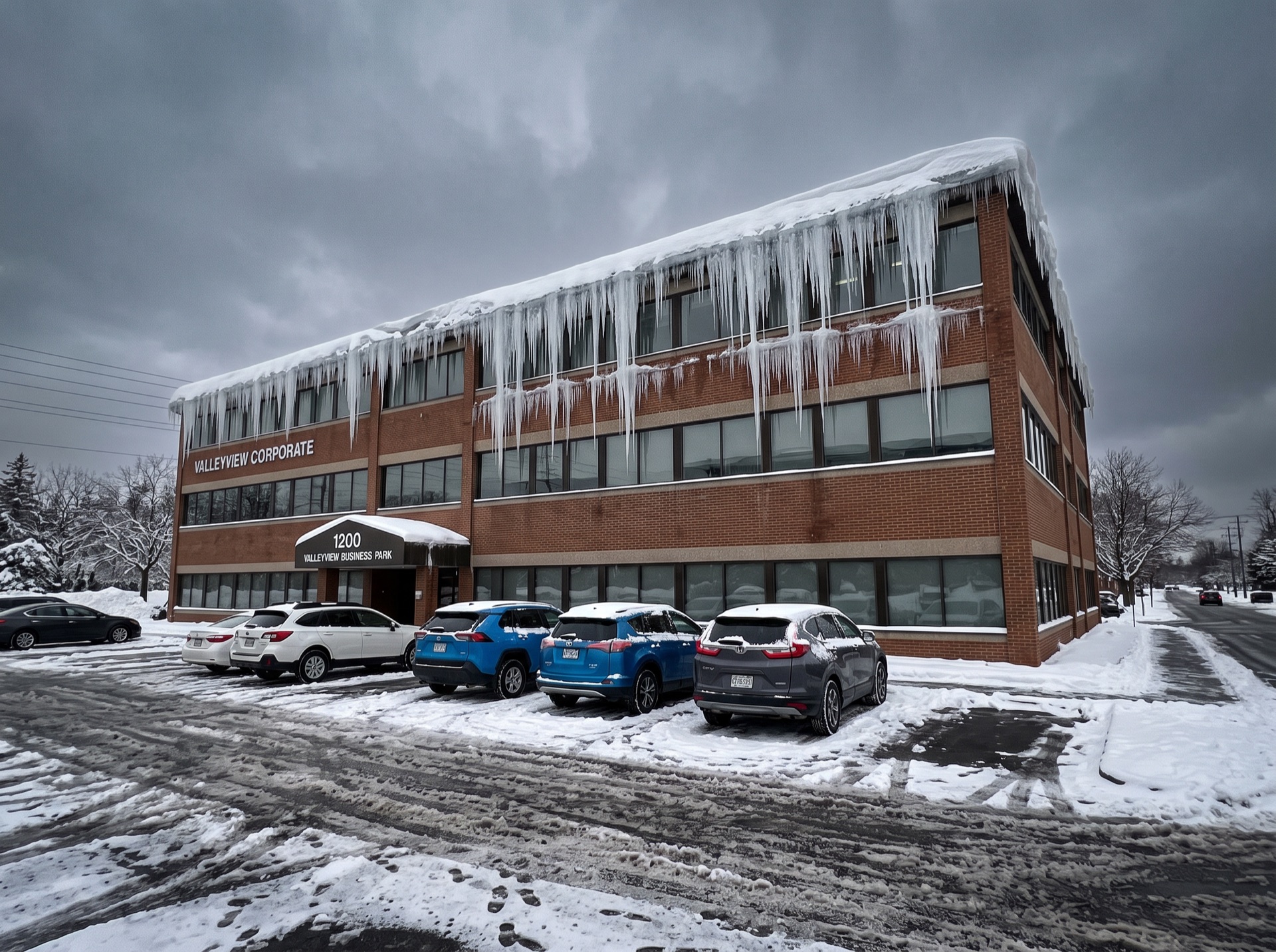 Large icicles hanging from roofline of Valleyview Corporate office building in winter