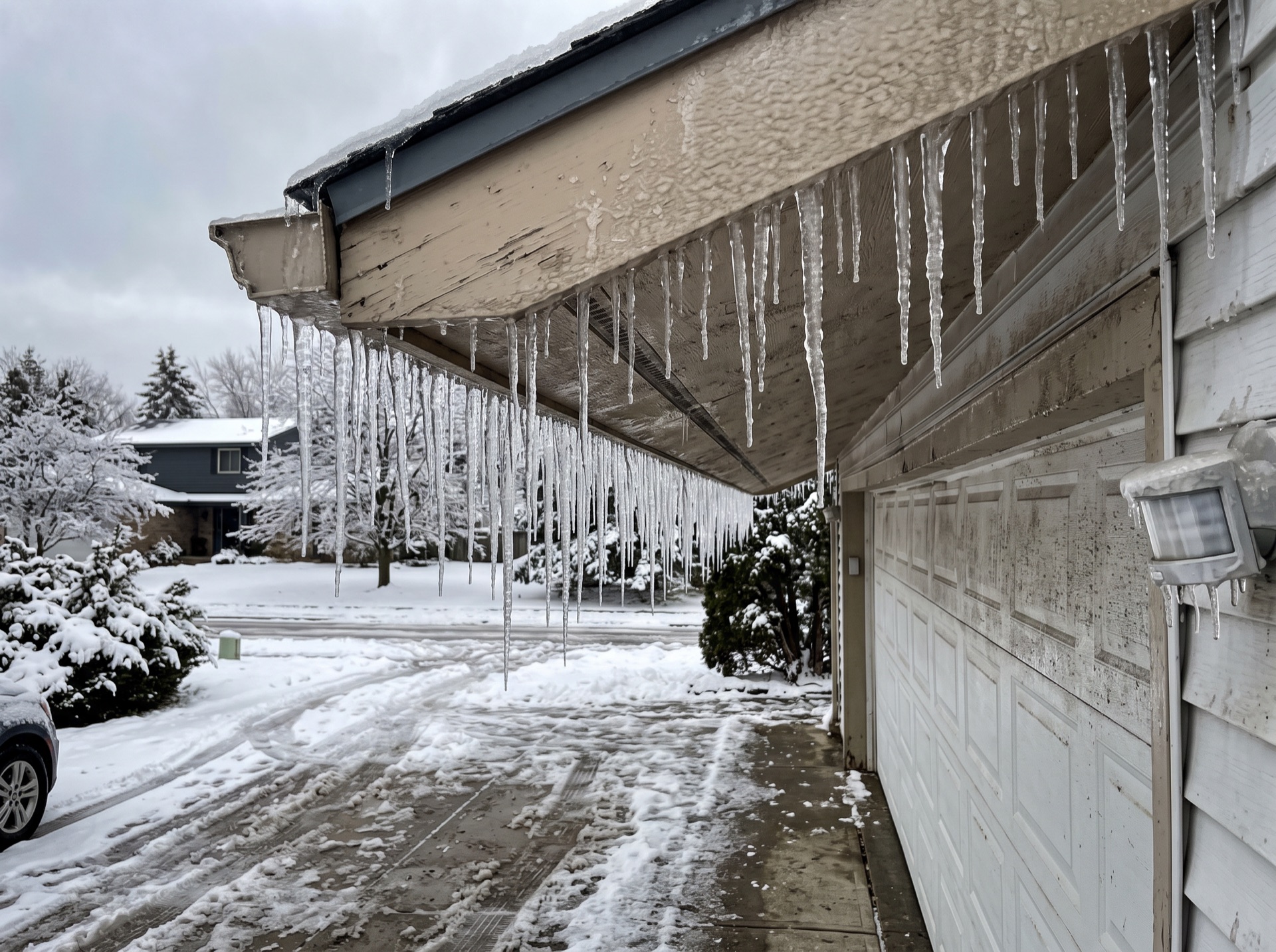 Large icicles hanging from ice-covered soffit and fascia above garage door in winter