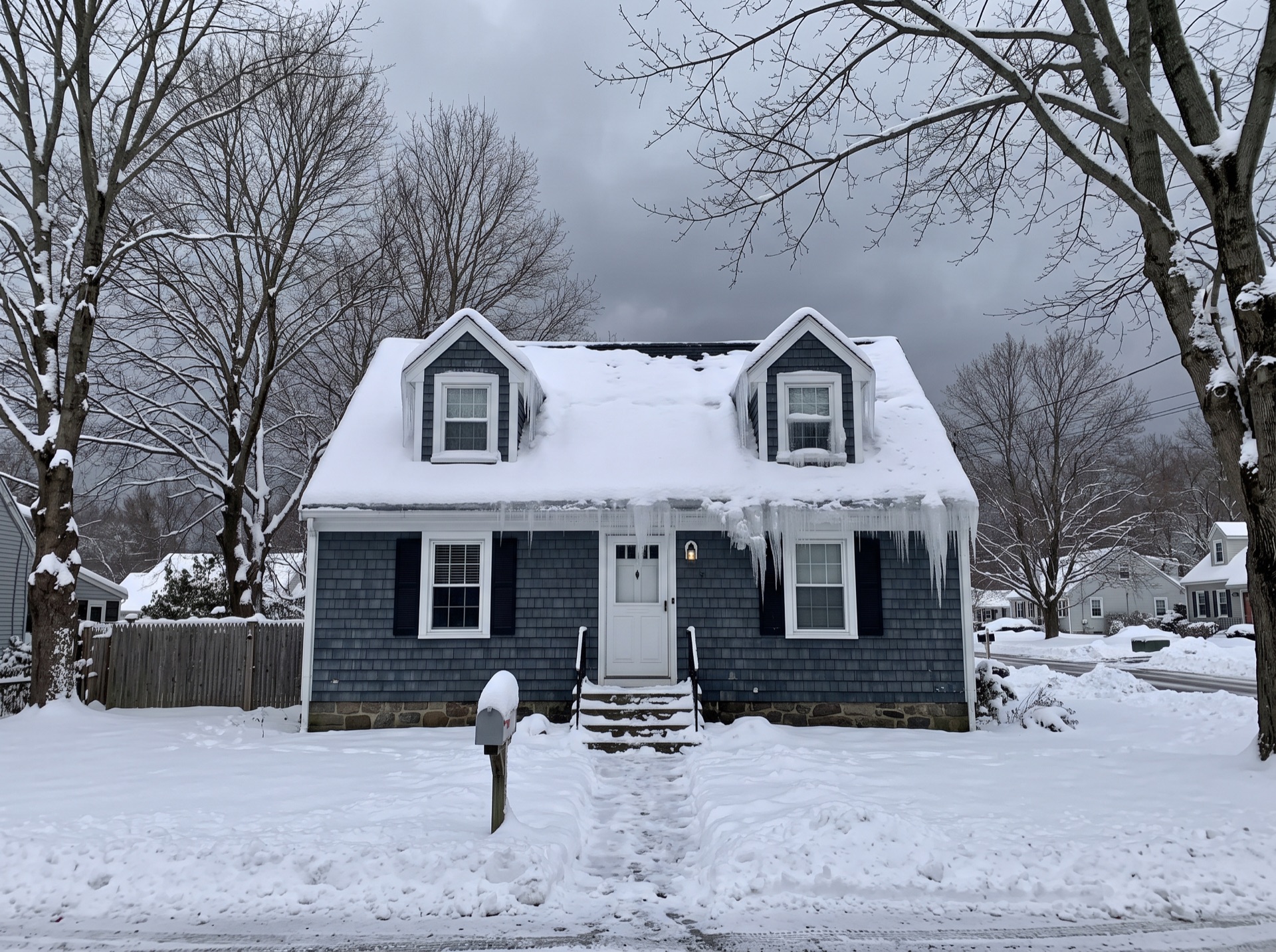 Ice dams and icicles on Cape Cod house with snow-covered dormers