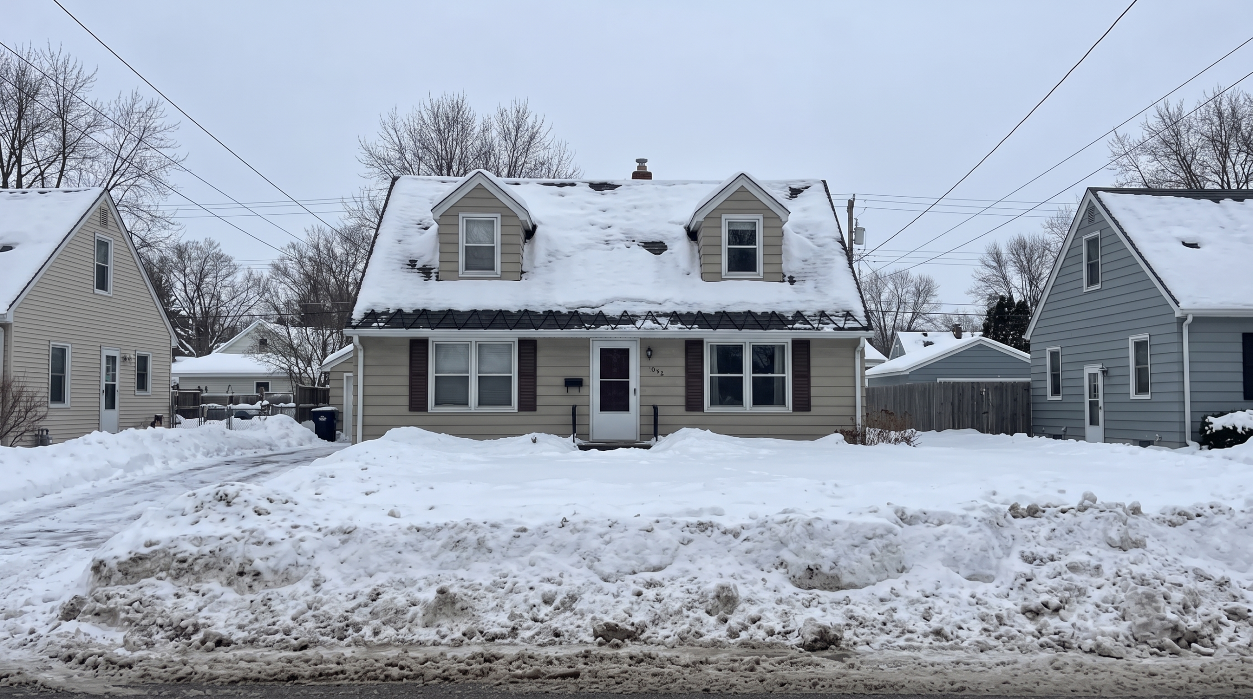 Home with dormer windows and snow-covered roof in winter