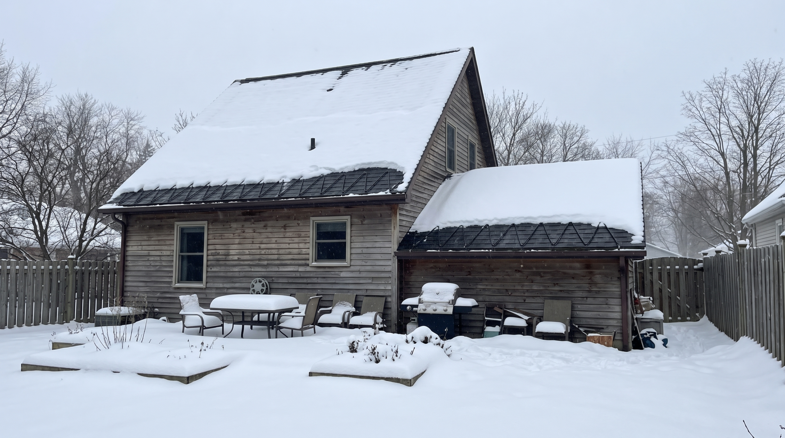 Snow-covered gable roof home with heat cables preventing ice dams in winter backyard