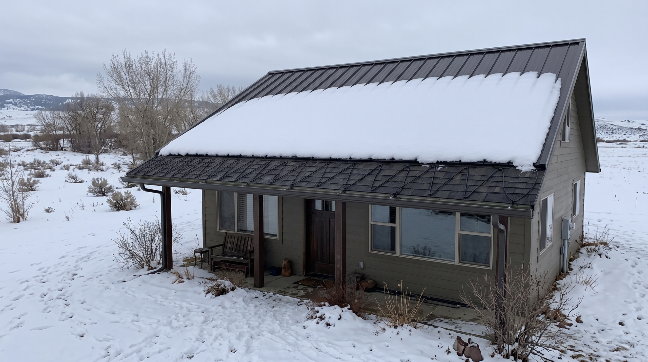 Small rural home with snow on metal roof and clear eaves in winter