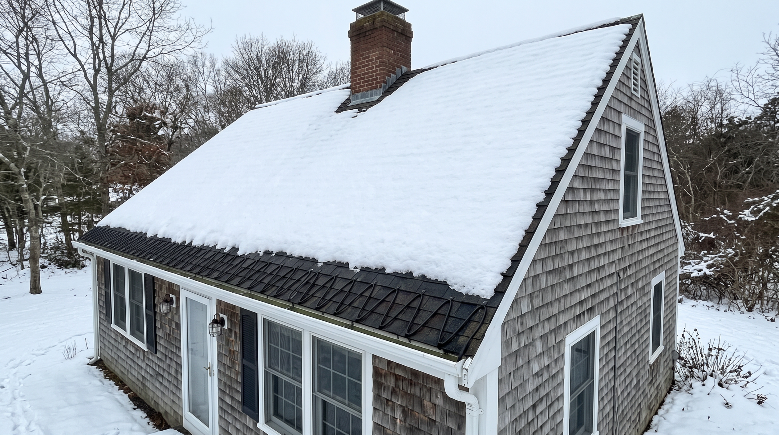 Snow-covered home with ice dam free roof edge and cedar shake siding