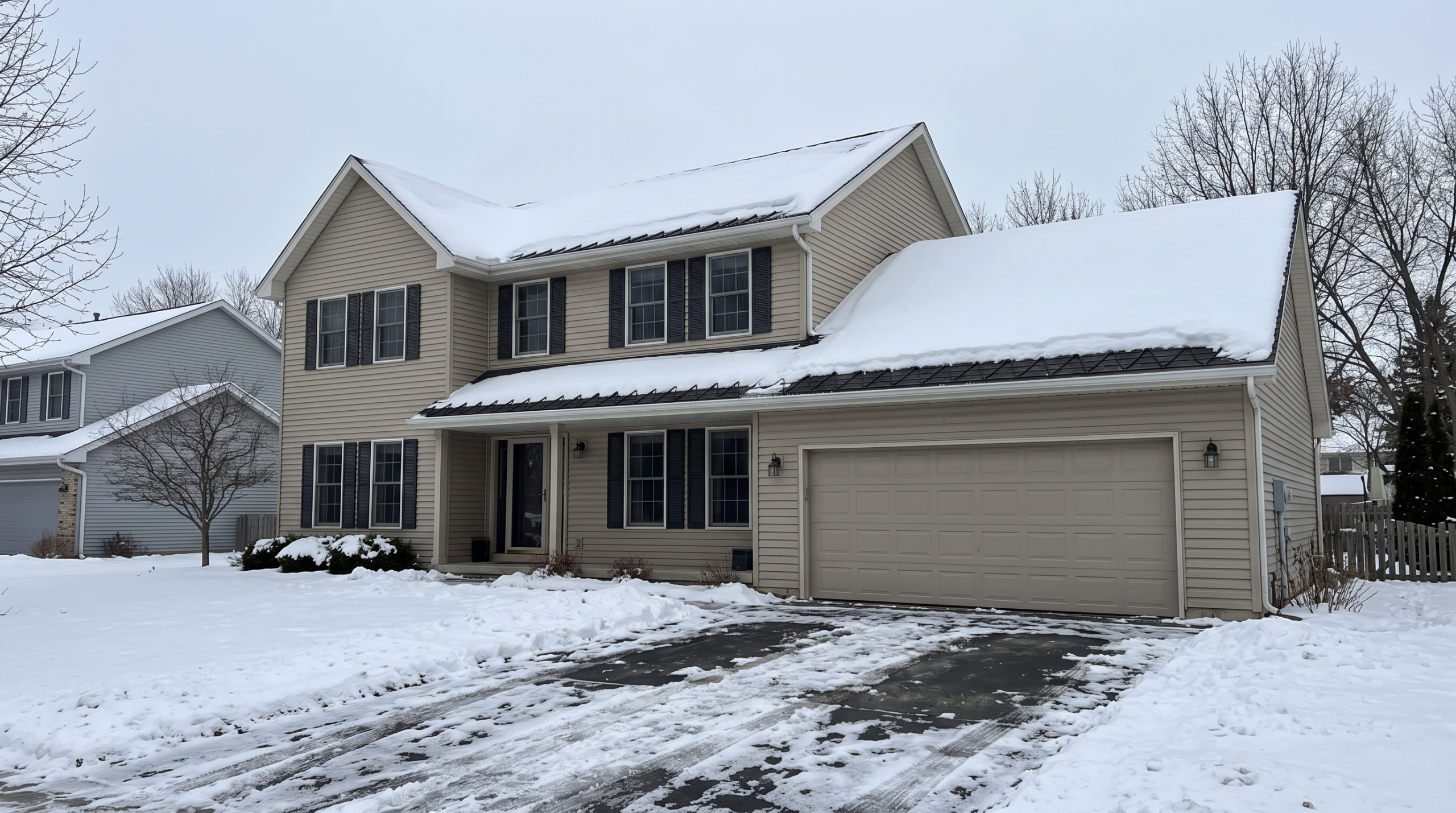 Two-story colonial home with snow-covered roof and clear ice-dam-free roof edge in winter