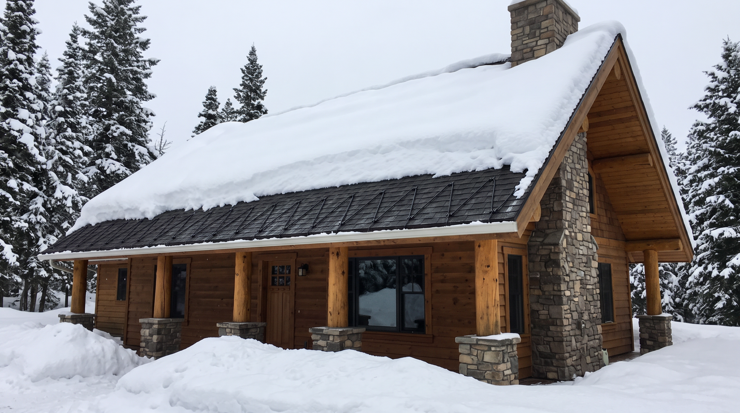 Snow-covered log and stone cabin with ice-dam-free roof in winter