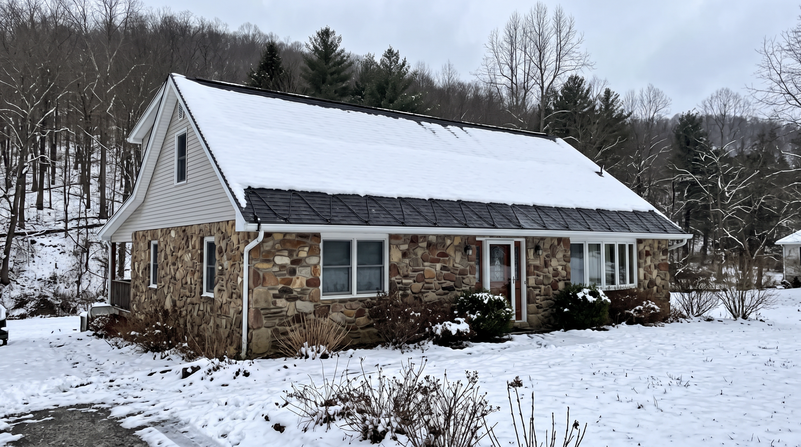 Stone home with snow-covered solar roof panels and no ice dams in winter