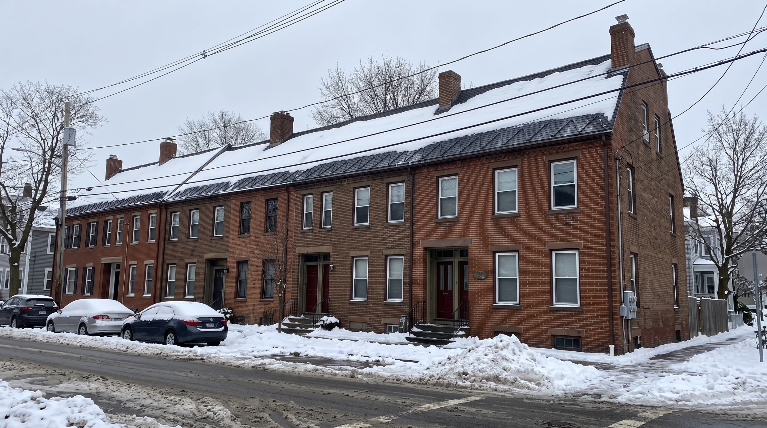 Snow-covered brick townhouses with ice-dam-free metal roofline in winter