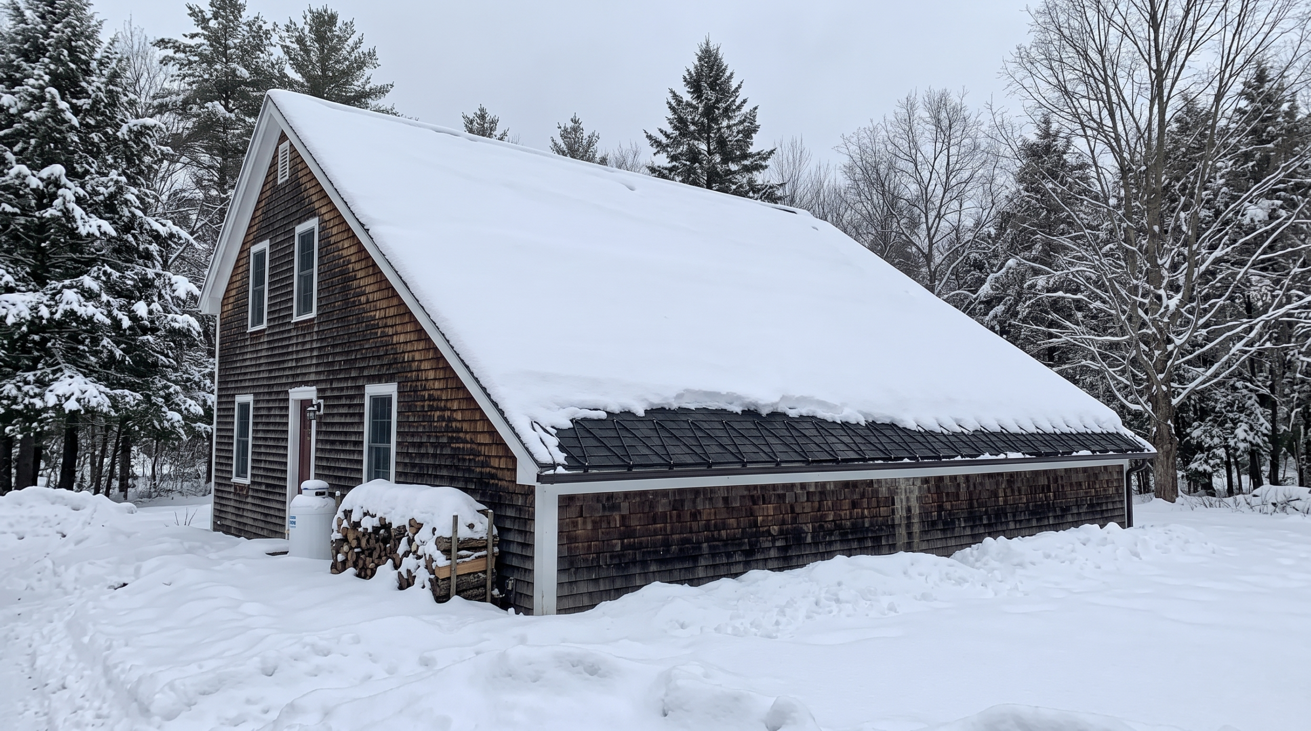 Snow-covered saltbox cabin roof with solar panels and stacked firewood in winter
