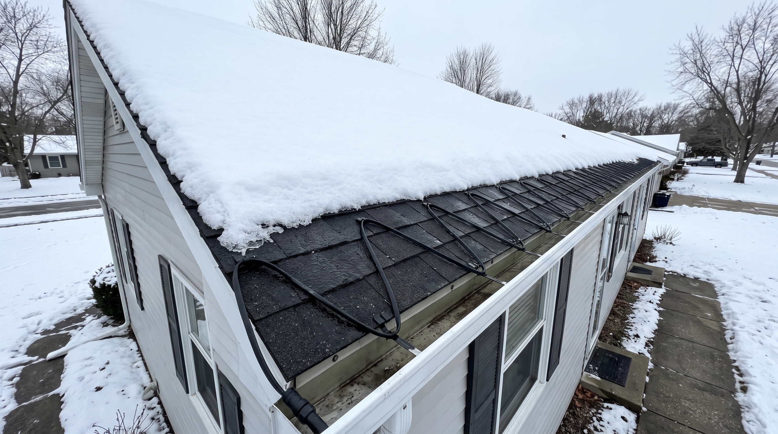 Electric heat cable zigzagging along snowy roof edge for ice dam prevention
