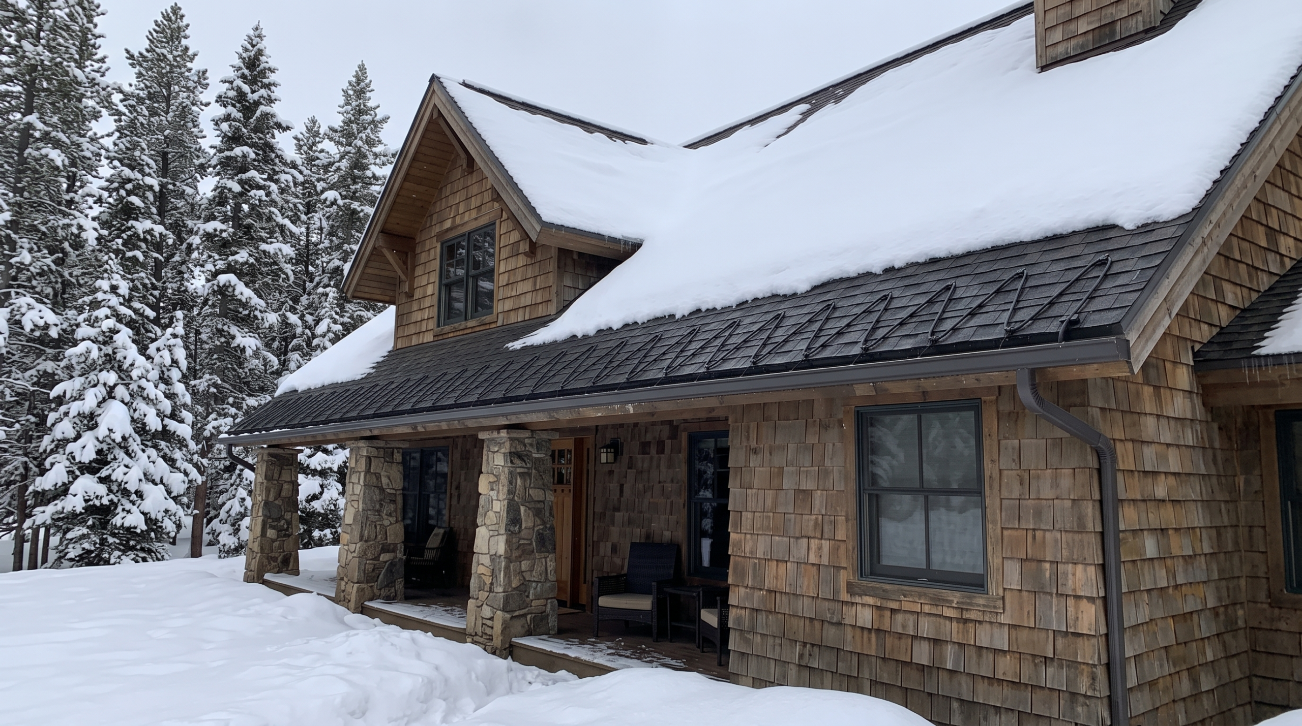 Snow-covered cedar shake roof with ice dam prevention system on mountain home