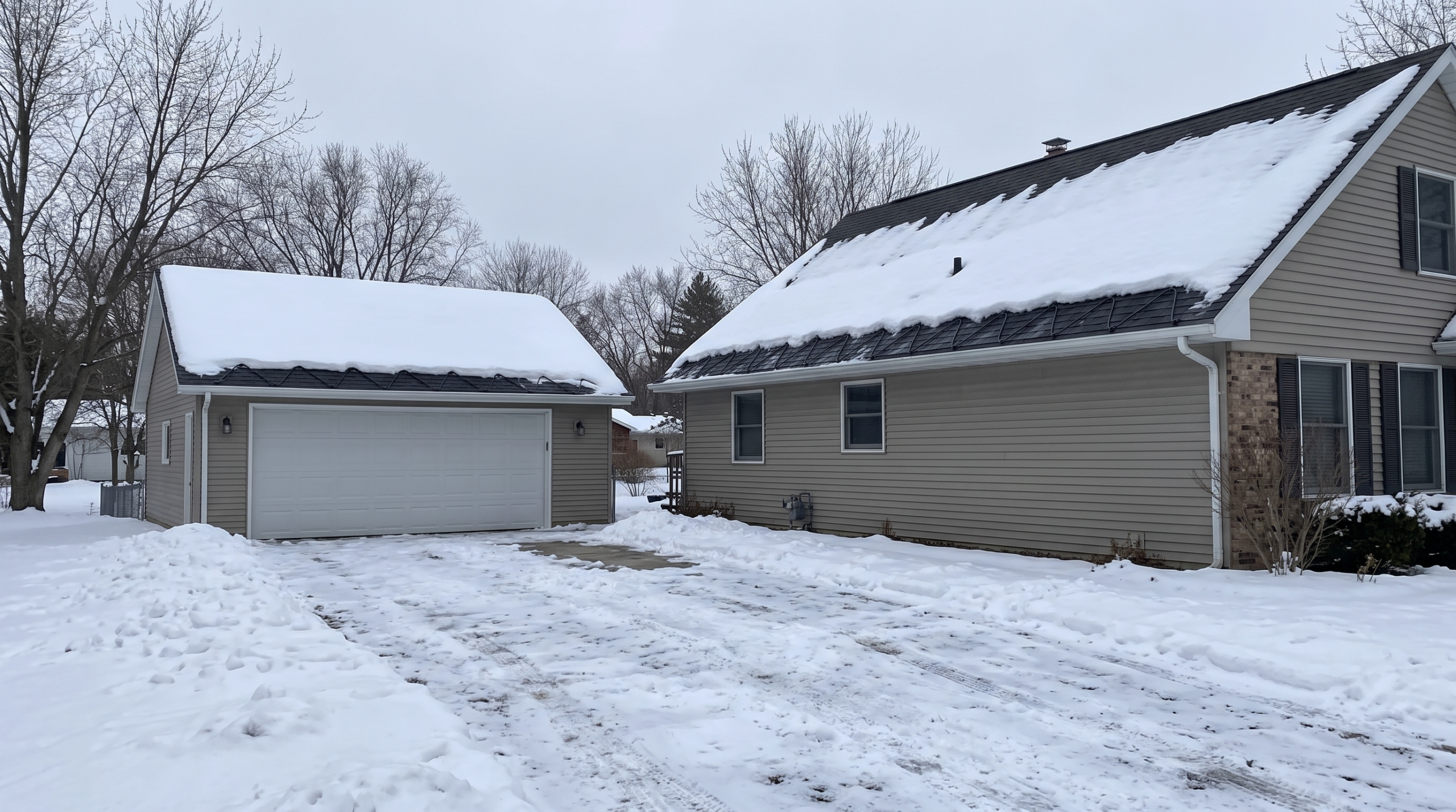 Snow-covered house and detached garage with solar panels preventing ice dams