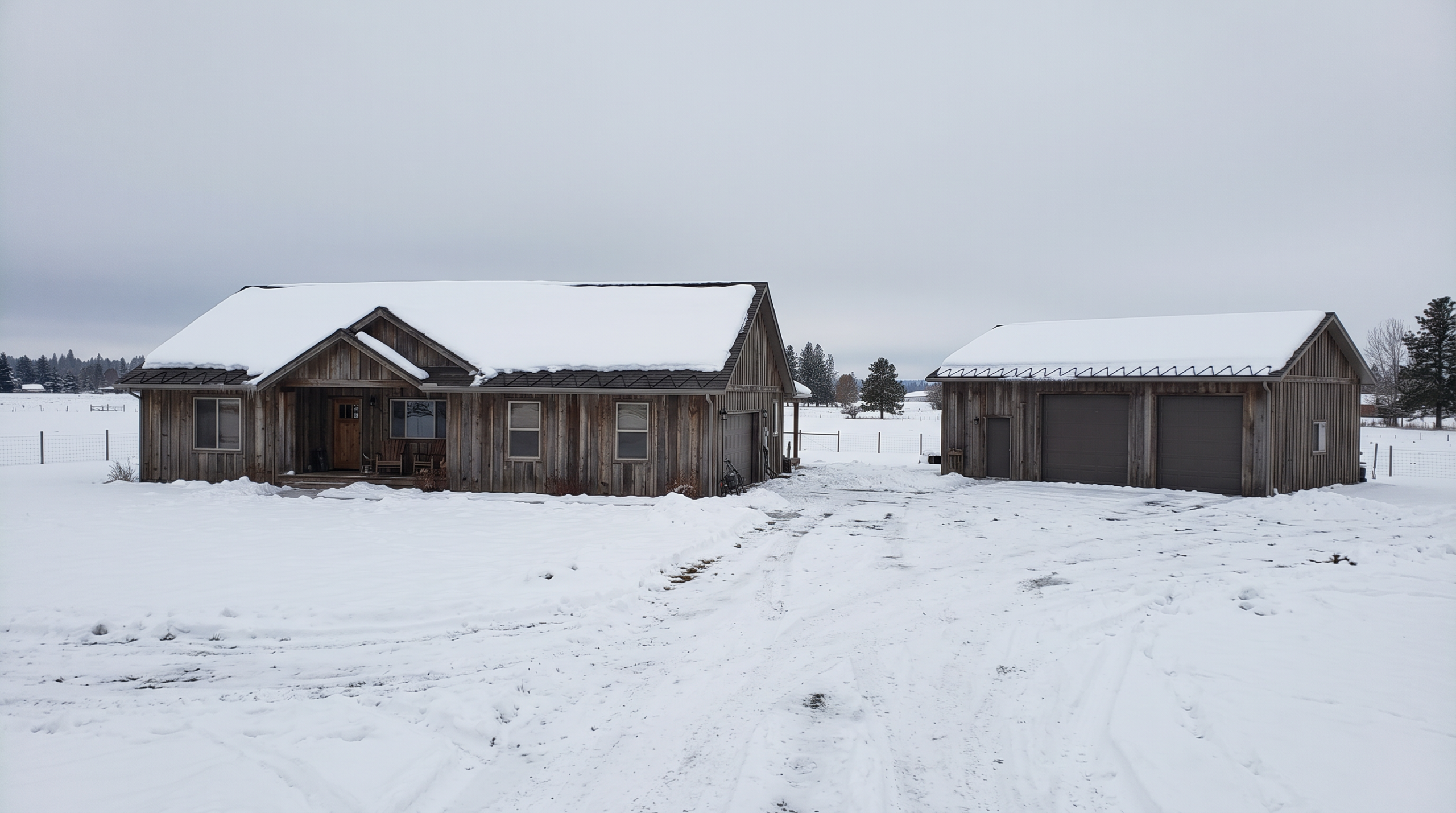 Snow-covered ranch house and outbuilding with metal roofs in winter