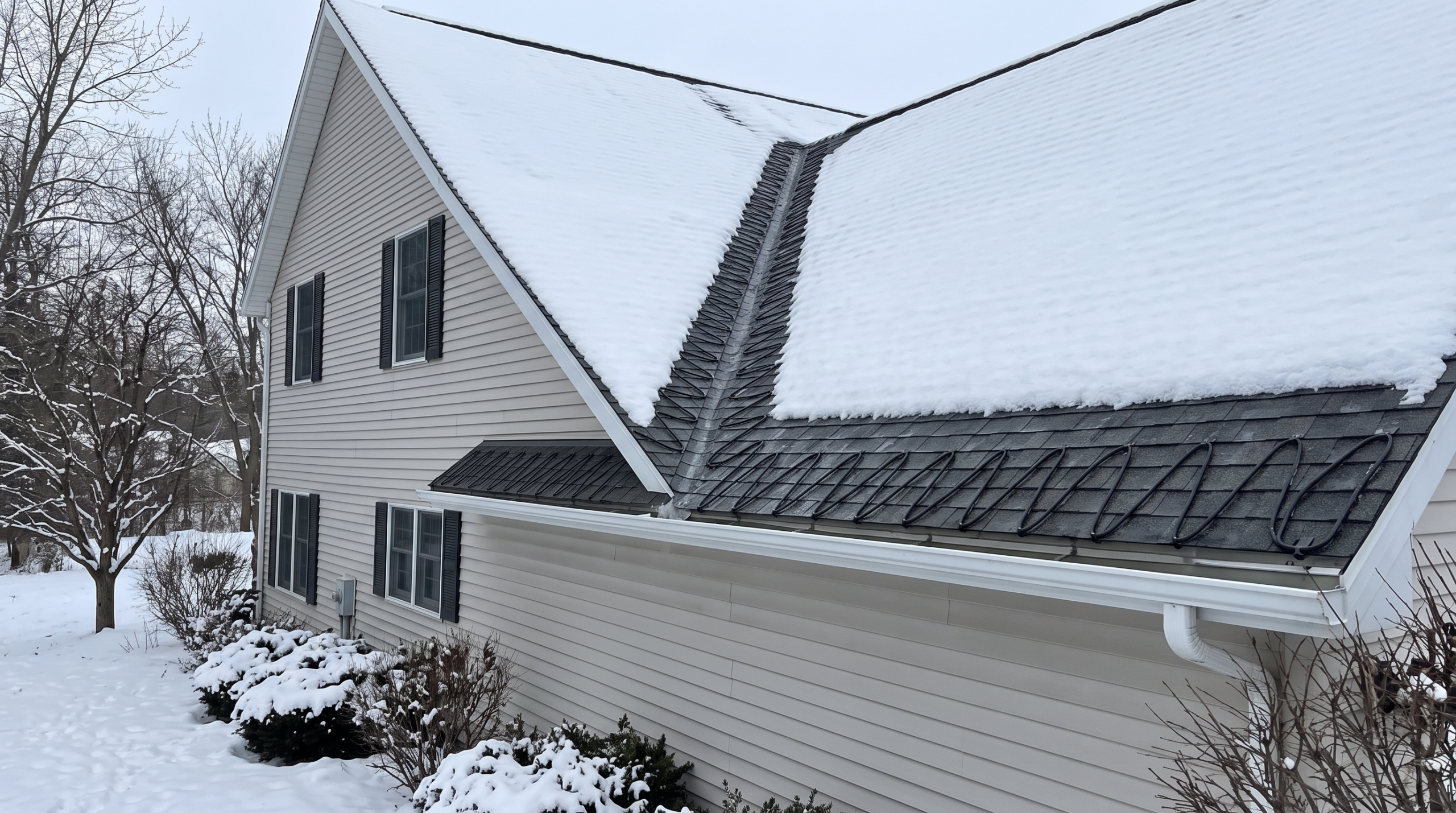 Roof valley with heat cable preventing ice dams on snow-covered house