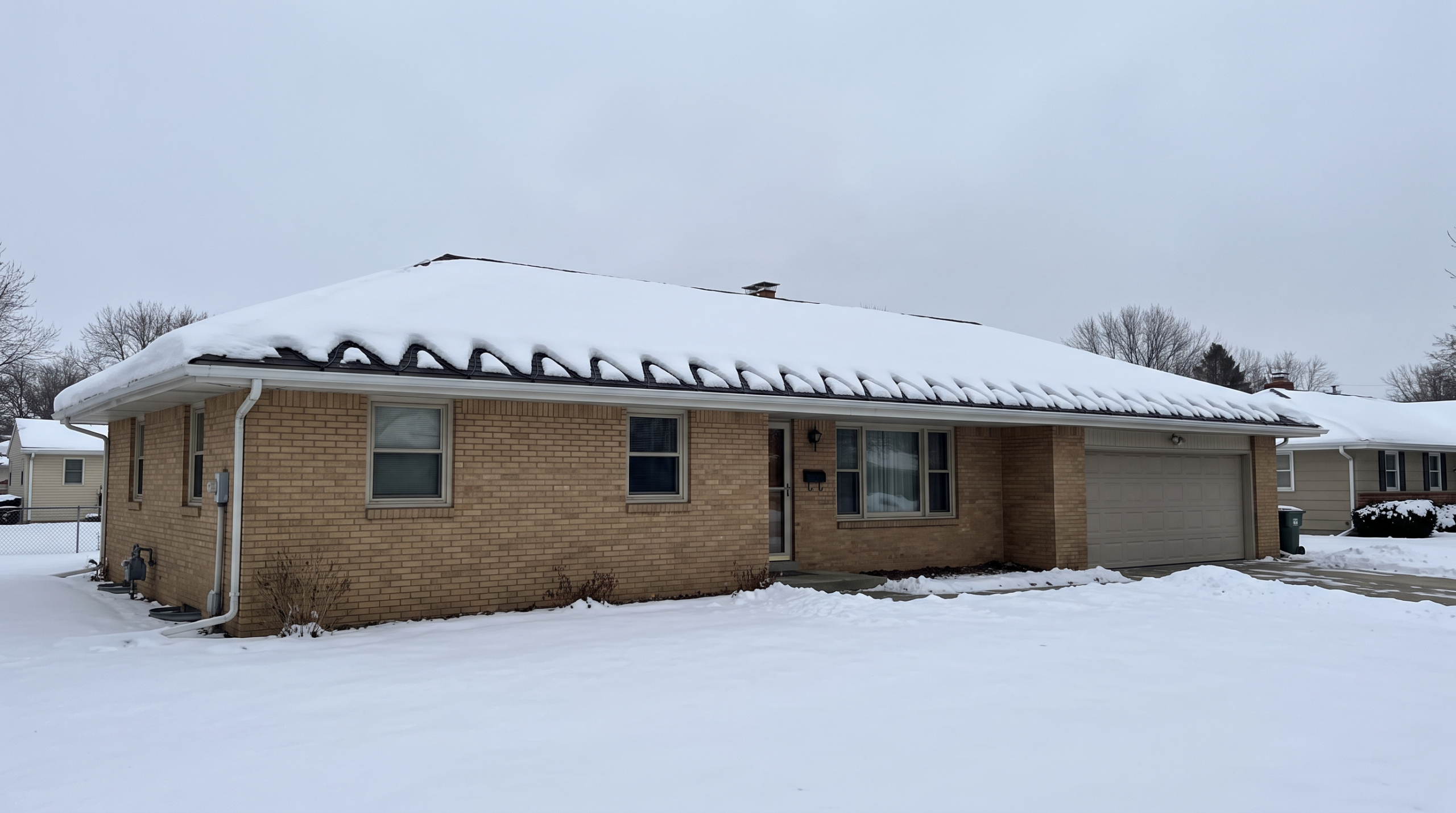 Snow-covered ranch home with ice dam formation along gutters in winter