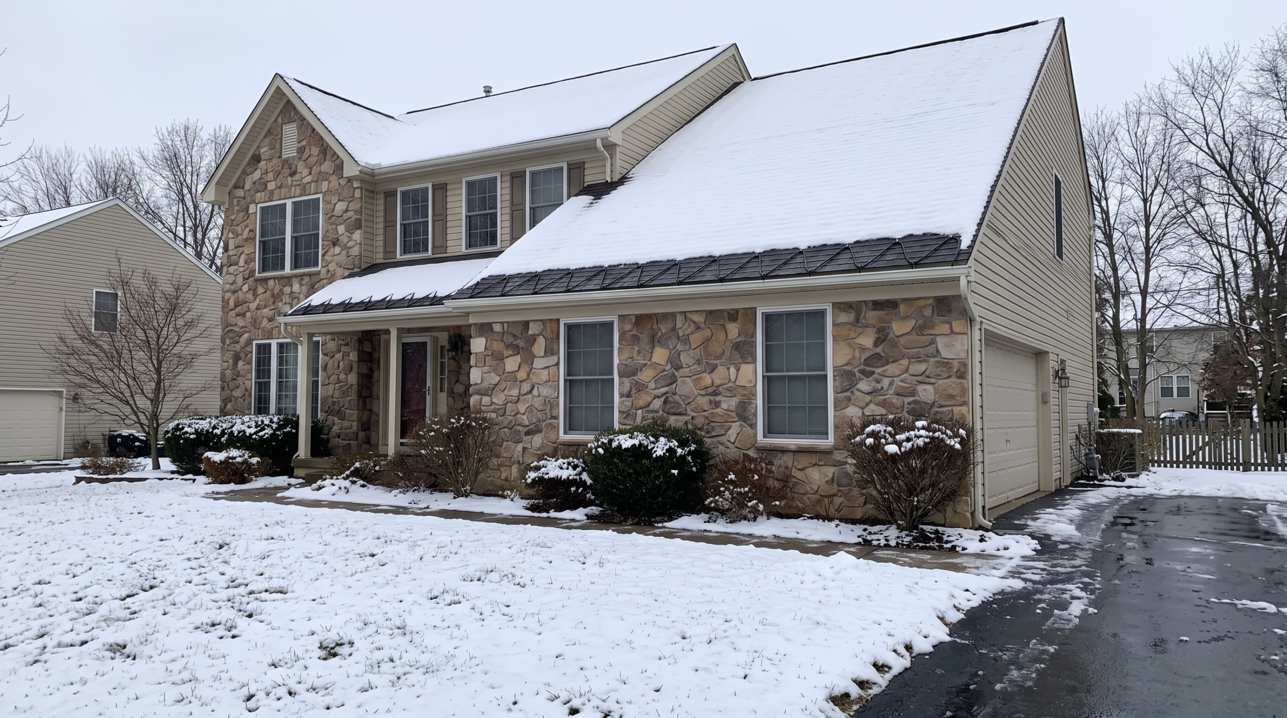 Snow-covered stone front colonial home with solar panels on roof in suburb