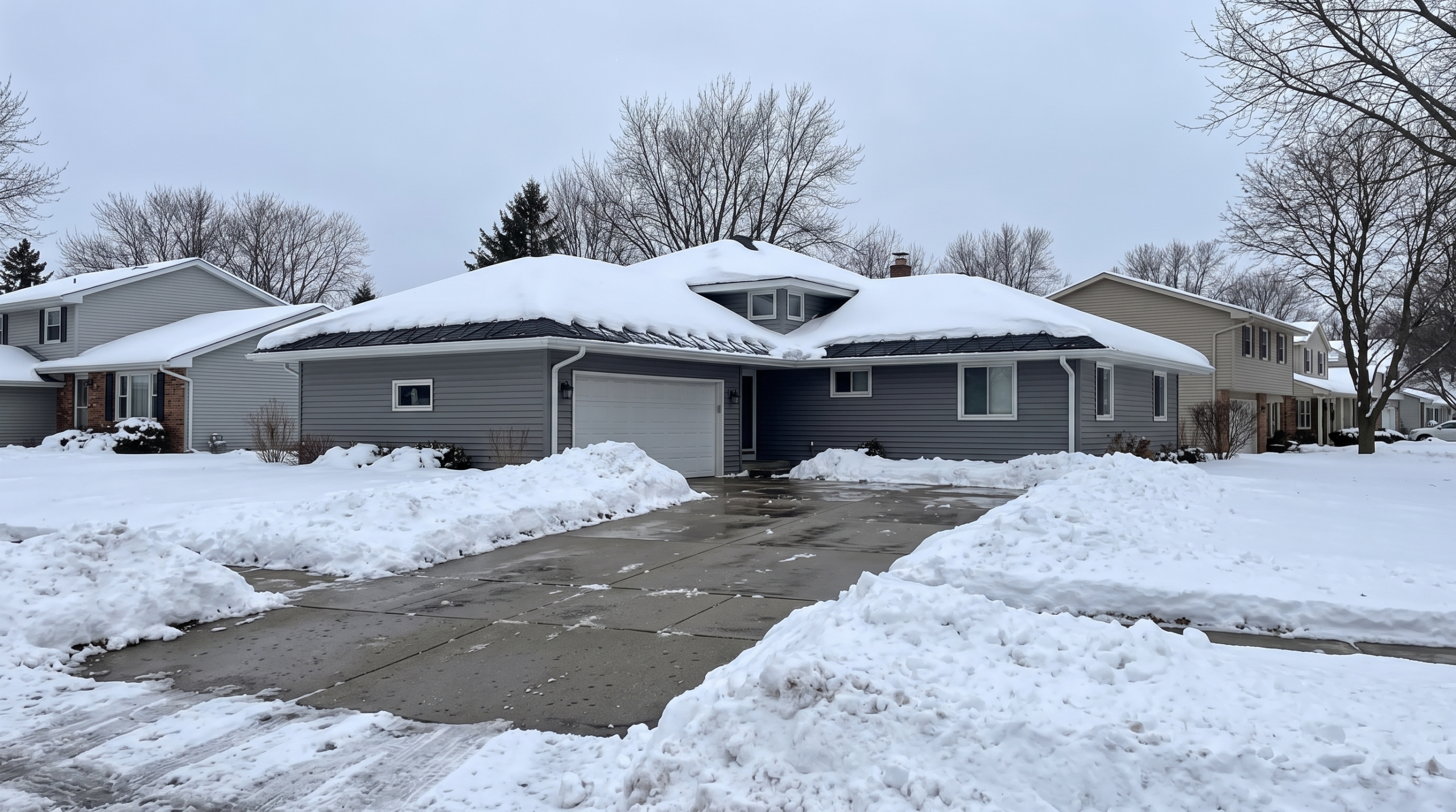 Snow-covered split-level home with cleared driveway in winter
