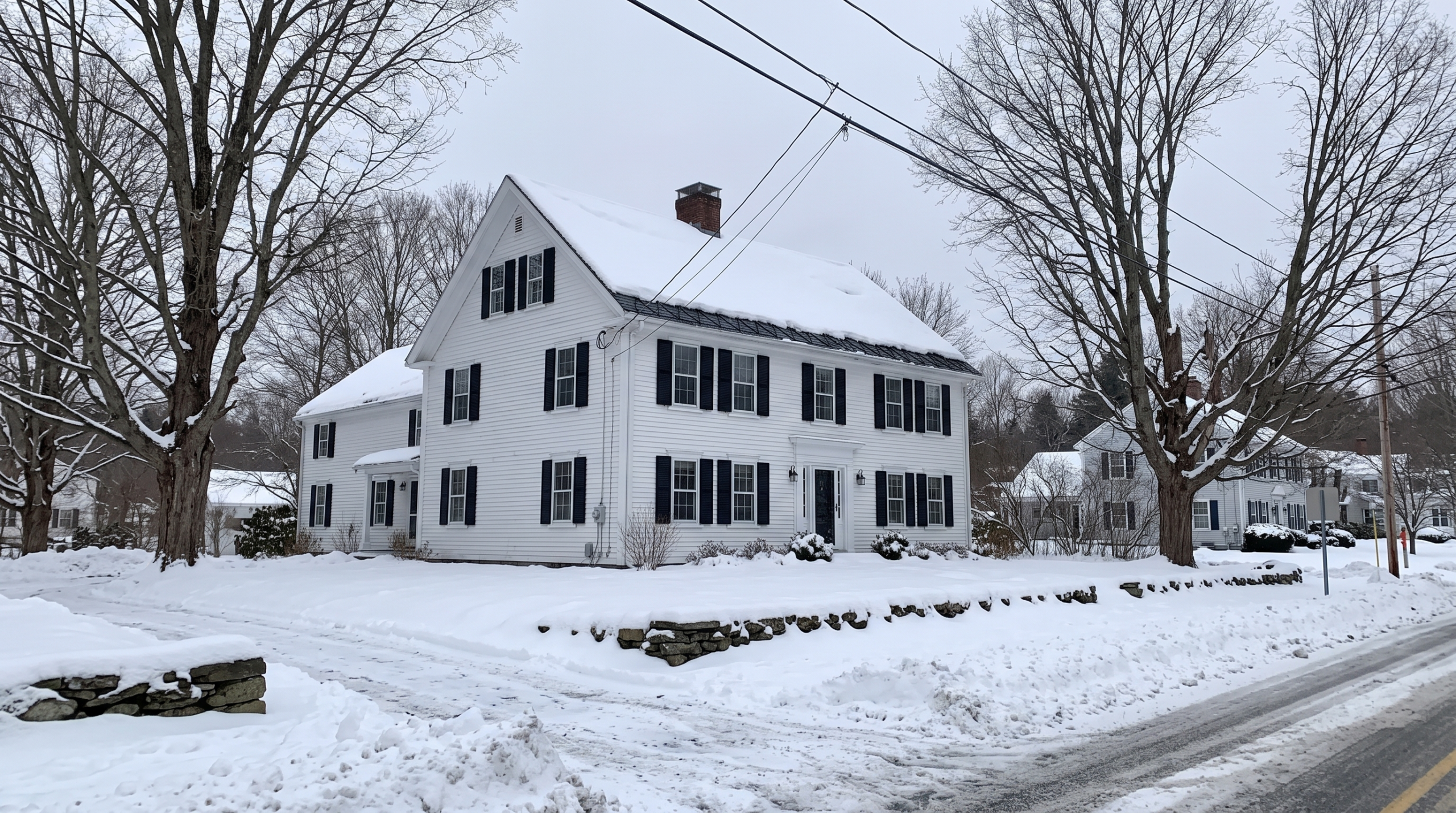 Snow-covered colonial home with black shutters and brick chimney in winter