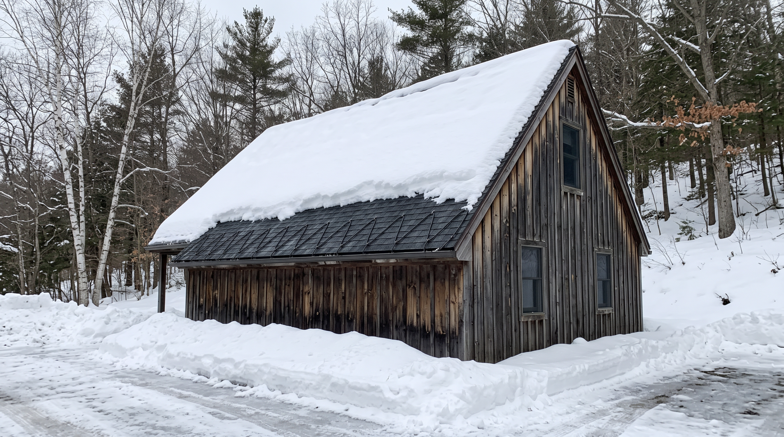 Snow-covered rustic wooden barn with dark shingles in winter forest